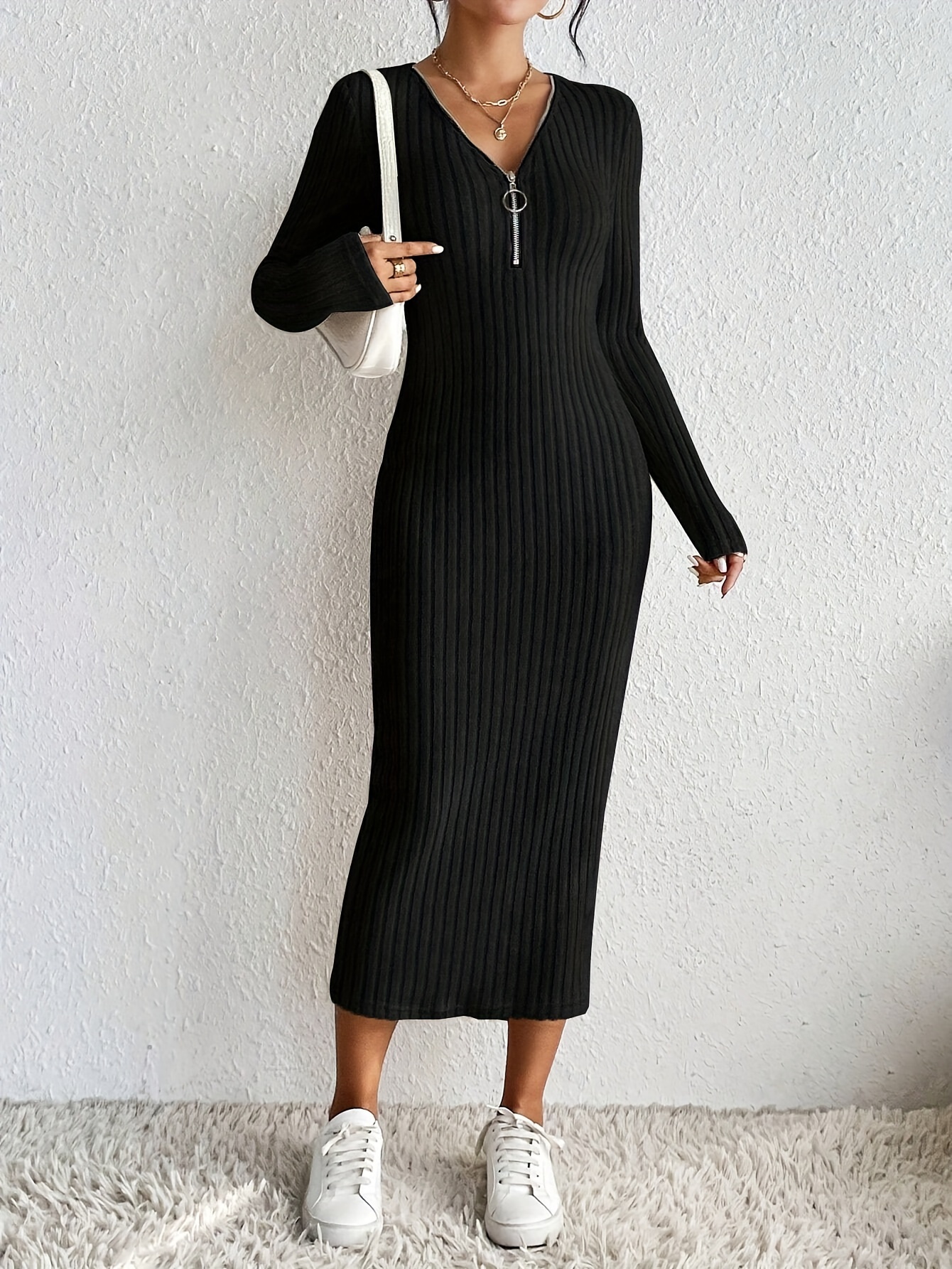 ribbed knit zip up v neck dress chic solid color long sleeve slim dress womens clothing details 7