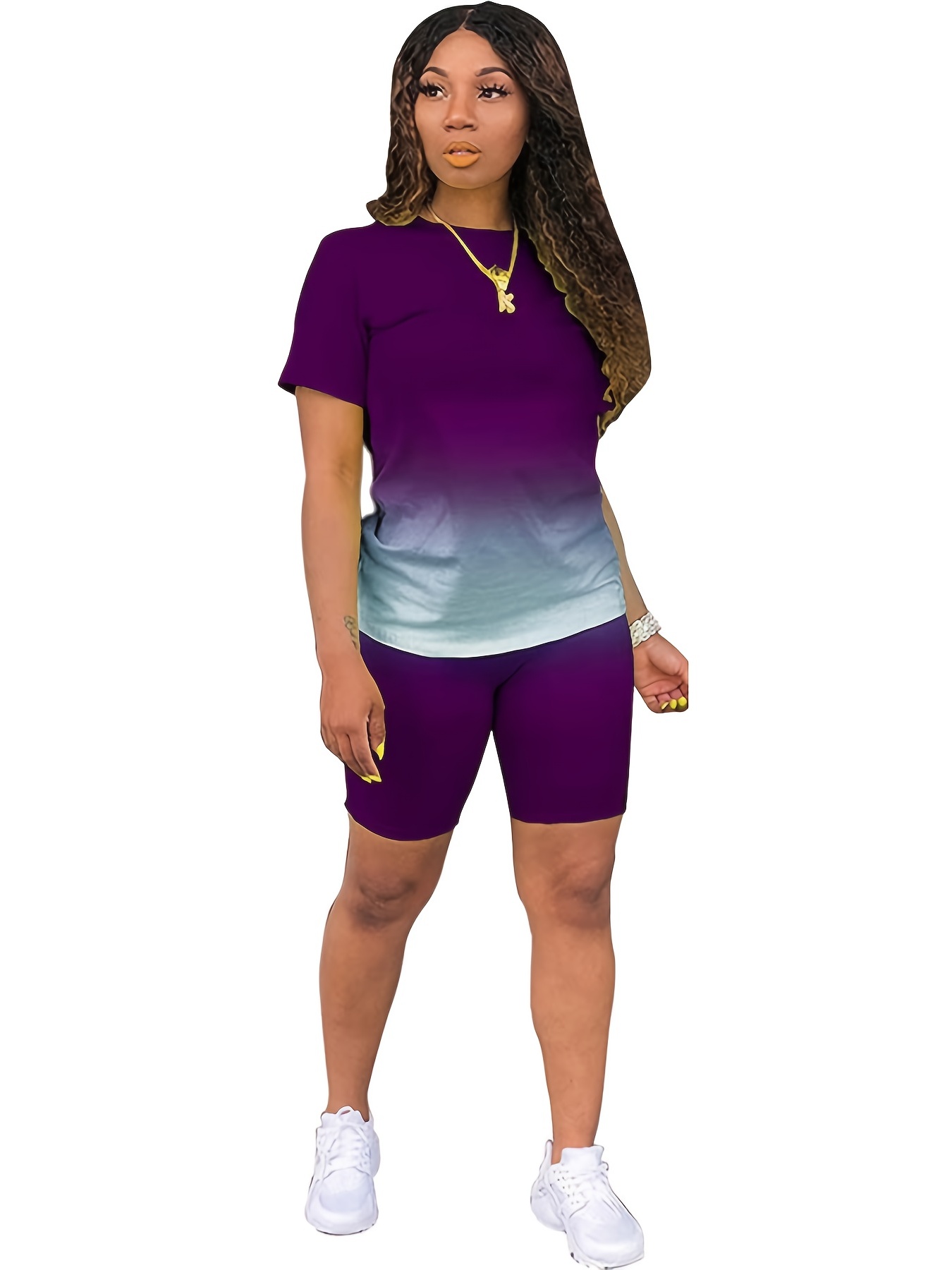 Casual Tie Dye Two-piece Set, Drop Shoulder T-shirt & Biker Shorts Outfits,  Women's Clothing