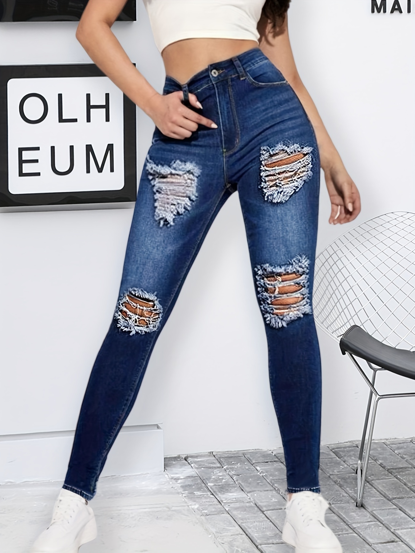 Pantalones de mezclilla ajustados de cintura alta rasgados * jeans de lápiz  ajustados elásticos, mezclilla y ropa de mujer