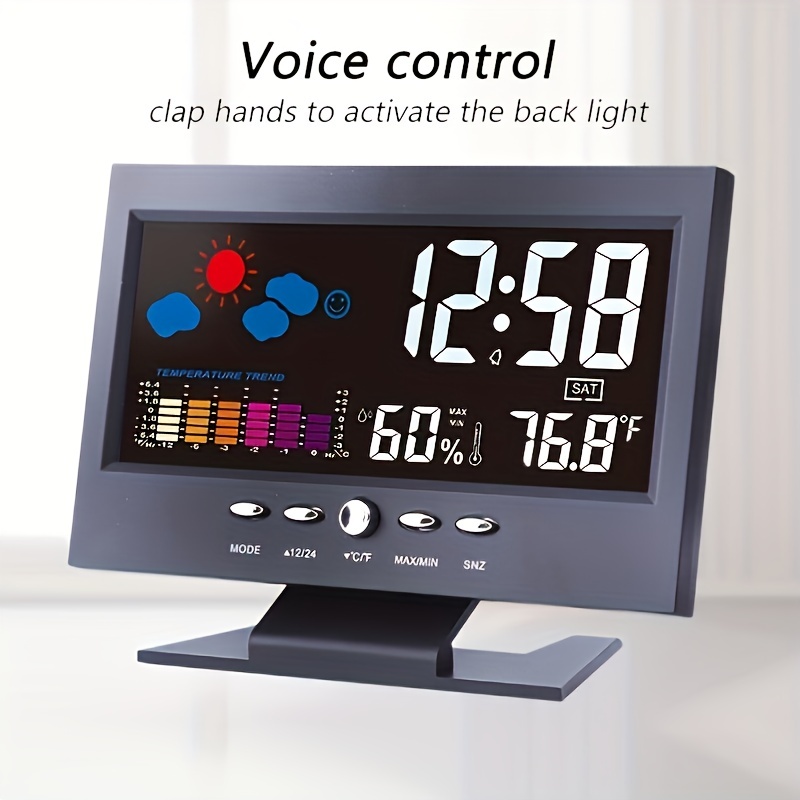 

1pc Weather Clock With Time Date Week Temperature Humidity Display Weather Forecast Function With Voice-activated Backlight Function 15.6x4x9.6cm/6.1*3.7*1.5in