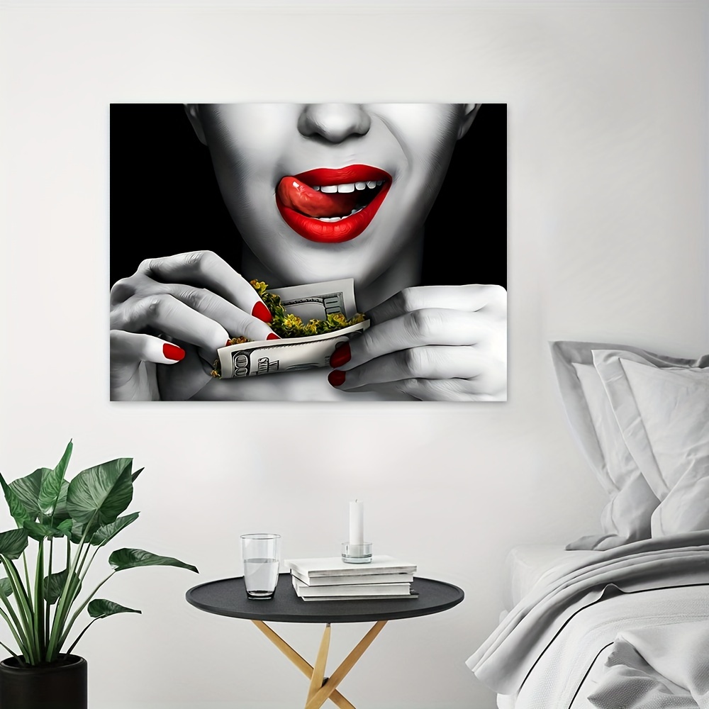 Canvas Wall Art Poster Red Lips Smoking Woman Canvas Painting Print Wall  Picture