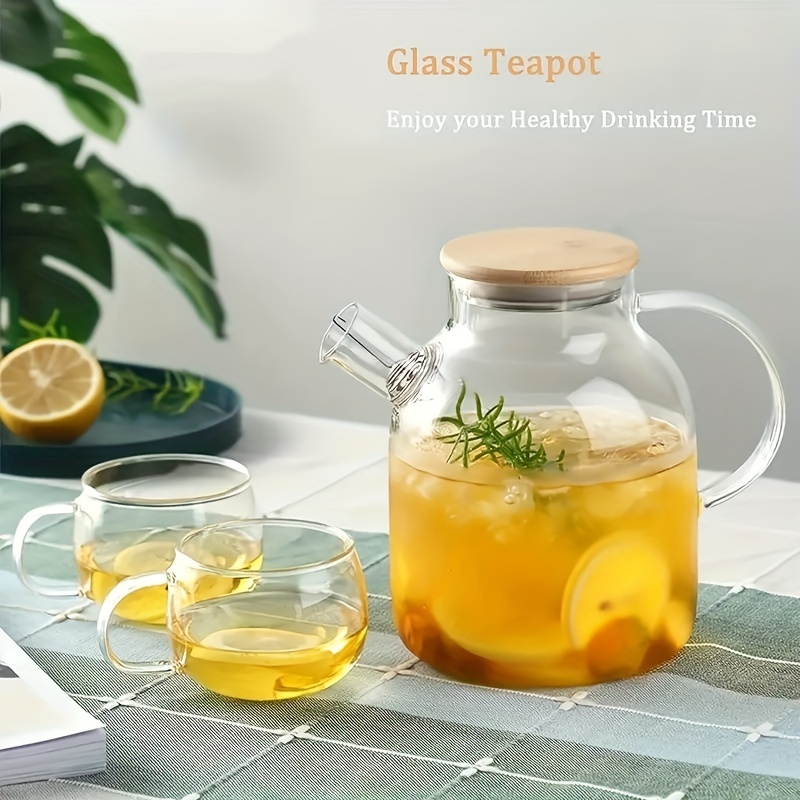 Glass Pitcher Stovetop Safe - Glass Carafe with Removable Filter Spout and Bamboo  Lid - Durable and Sturdy