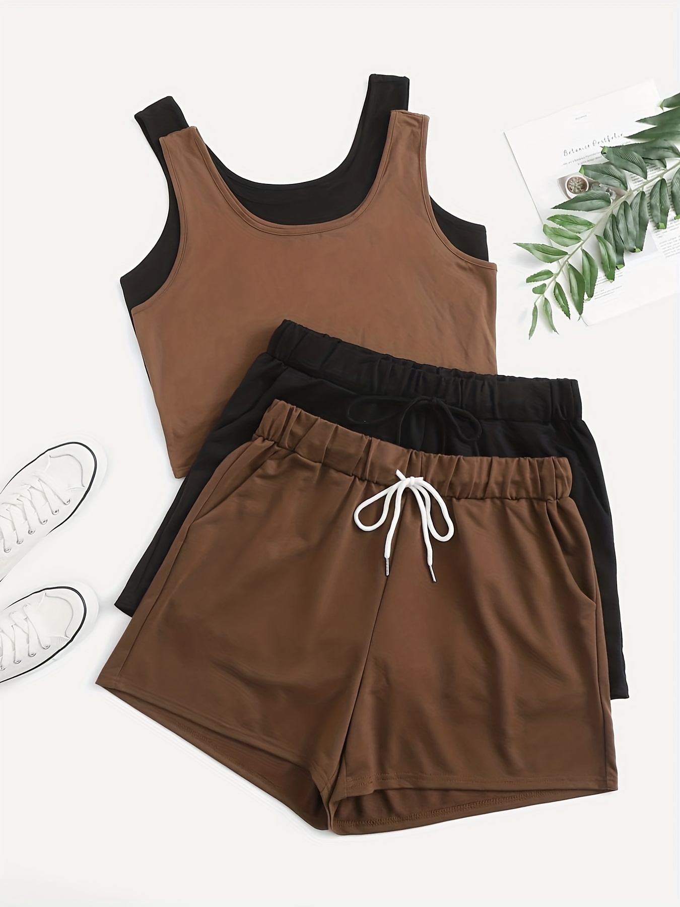 Casual Matching Two-piece Set, Square Neck Tank Top & Solid Shorts Outfits,  Women's Clothing - Temu