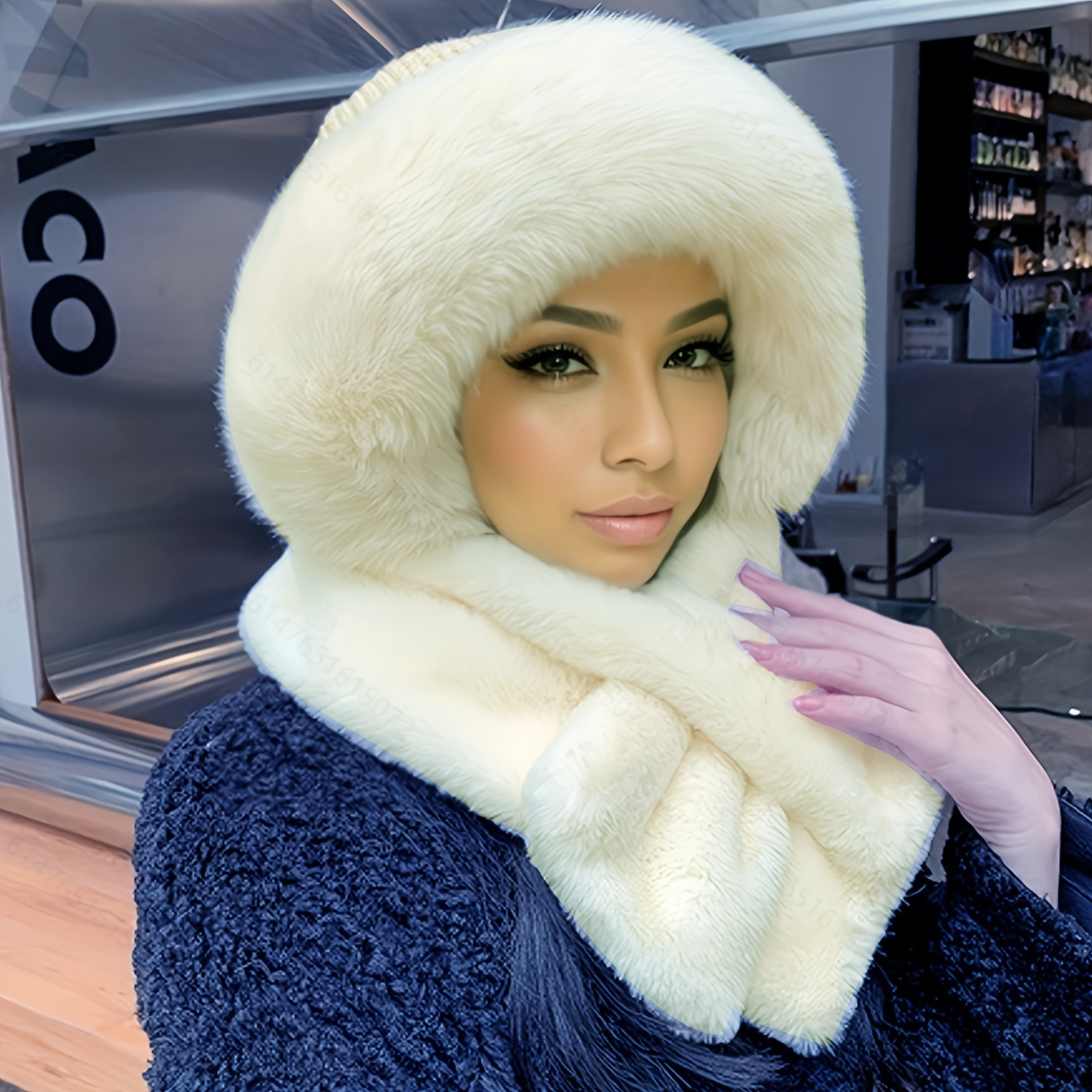 Thick Faux Fur Hooded Scarf Winter Warm Beanie Pom Trendy - Temu Canada