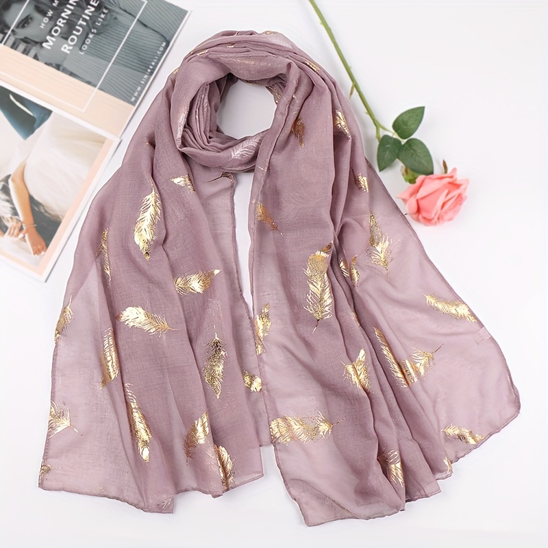 1pc Women's Elegant Feather-Printed Golden Scarf - Lightweight & Windproof Shawl Wrap for Casual Outings, Machine Washable Fashion Accessory, Scarf for Hair, Stylish Hair Wrap, Sophisticated Print, Easy Care Material, Soft Fabric, Outdoor Wear