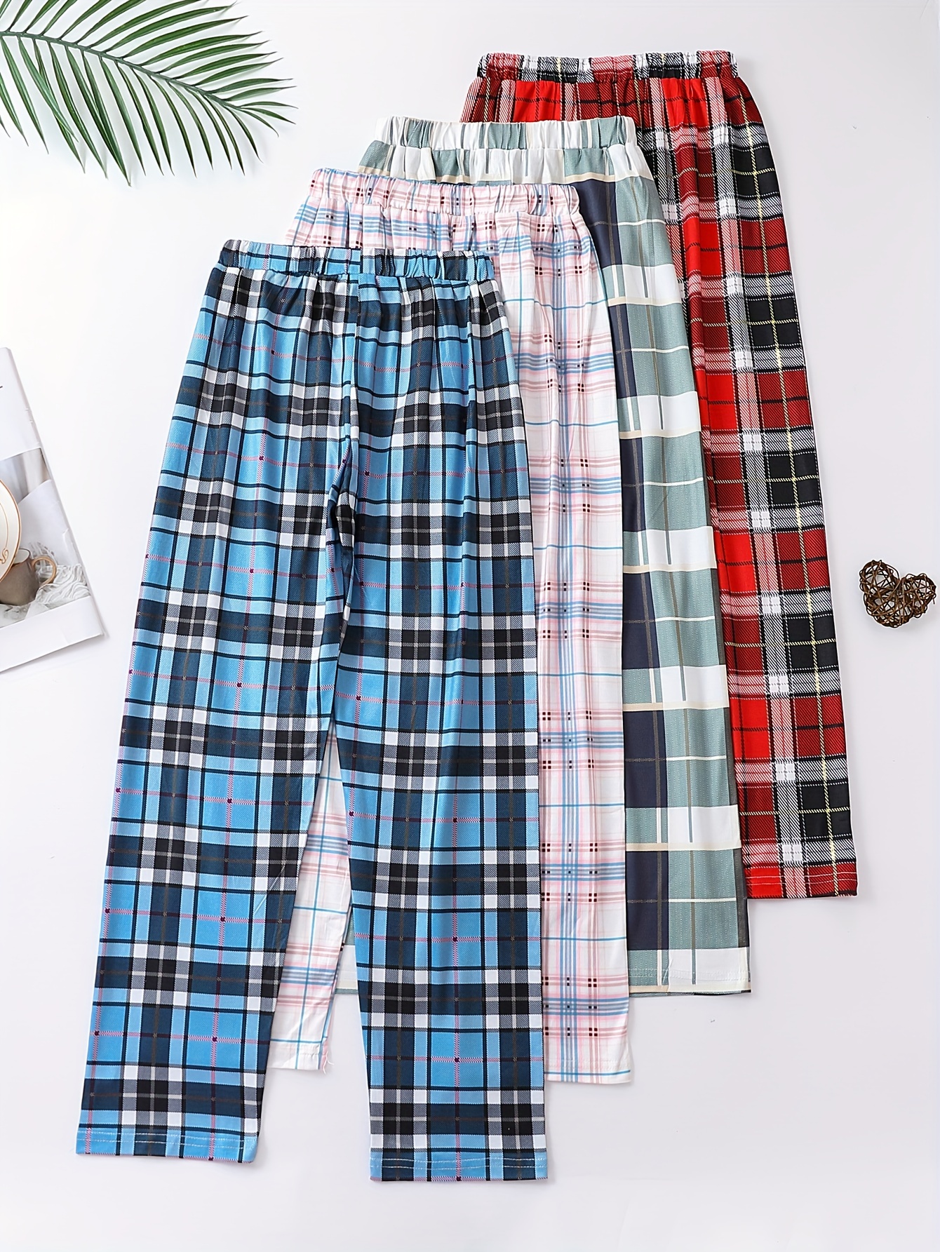 4 Packs Girls' Plaid Trousers Set Comfy Elastic Waist Loungewear Pajamas  Pants/ Outwear Pants