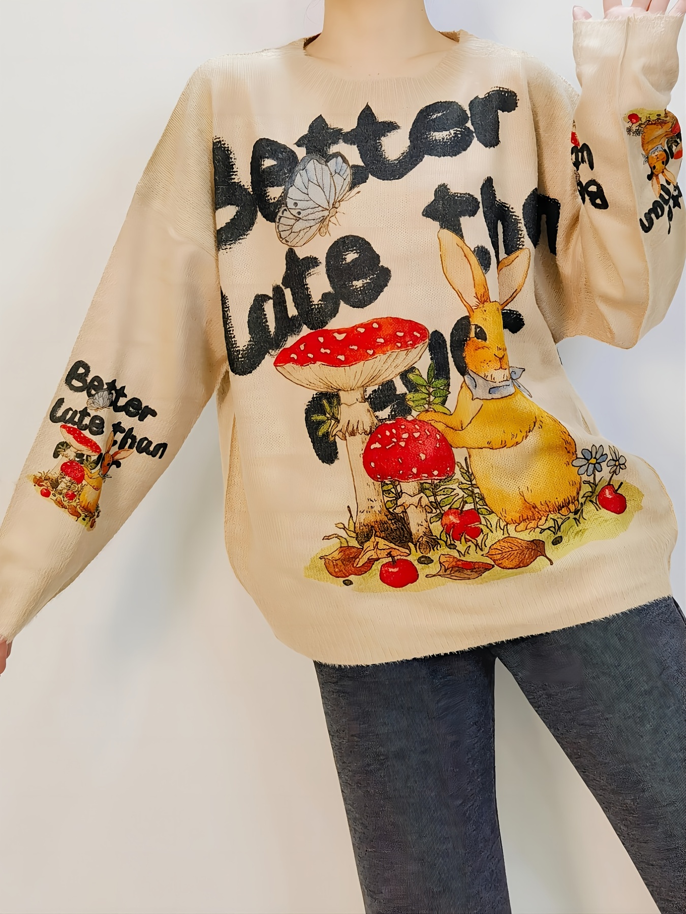 Rabbit Mushroom Pattern Sweater for Women's Clothing