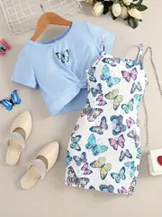 girls butterfly graphic twist knot short sleeve tee top cami dress set for party kids summer clothes details 16