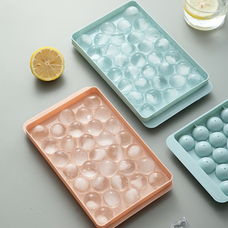 Round Ice Cube Tray with Lid,Plastic Ice Cube Mold,Refrigerator Spherical  Ice Box,Mini Ice Mold Kitchen Tools,4Pcs,Blue 