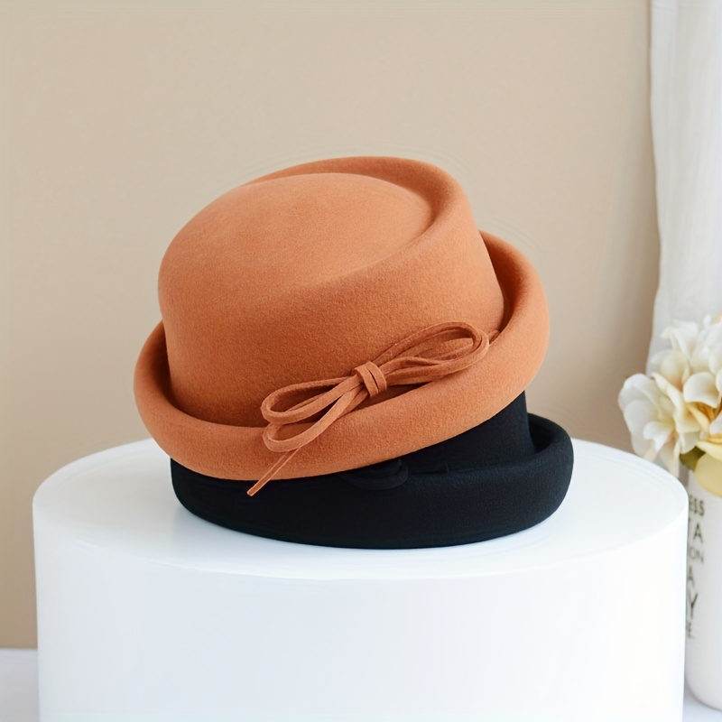 Vintage Bowknot Wool Fedoras Cap Simple Solid Color British Style Felt Hats Short Brim Trilby Hat For Women Autumn & Winter - Click Image to Close