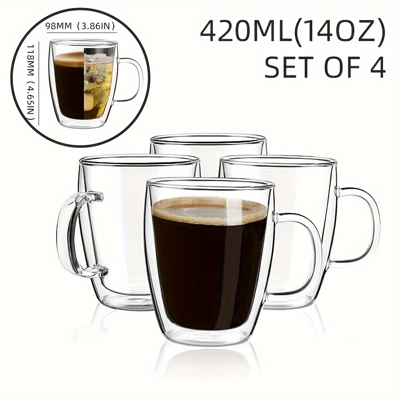 Glass Coffee Mugs Set of 4, 15 Oz Clear Coffee Cups with Handles