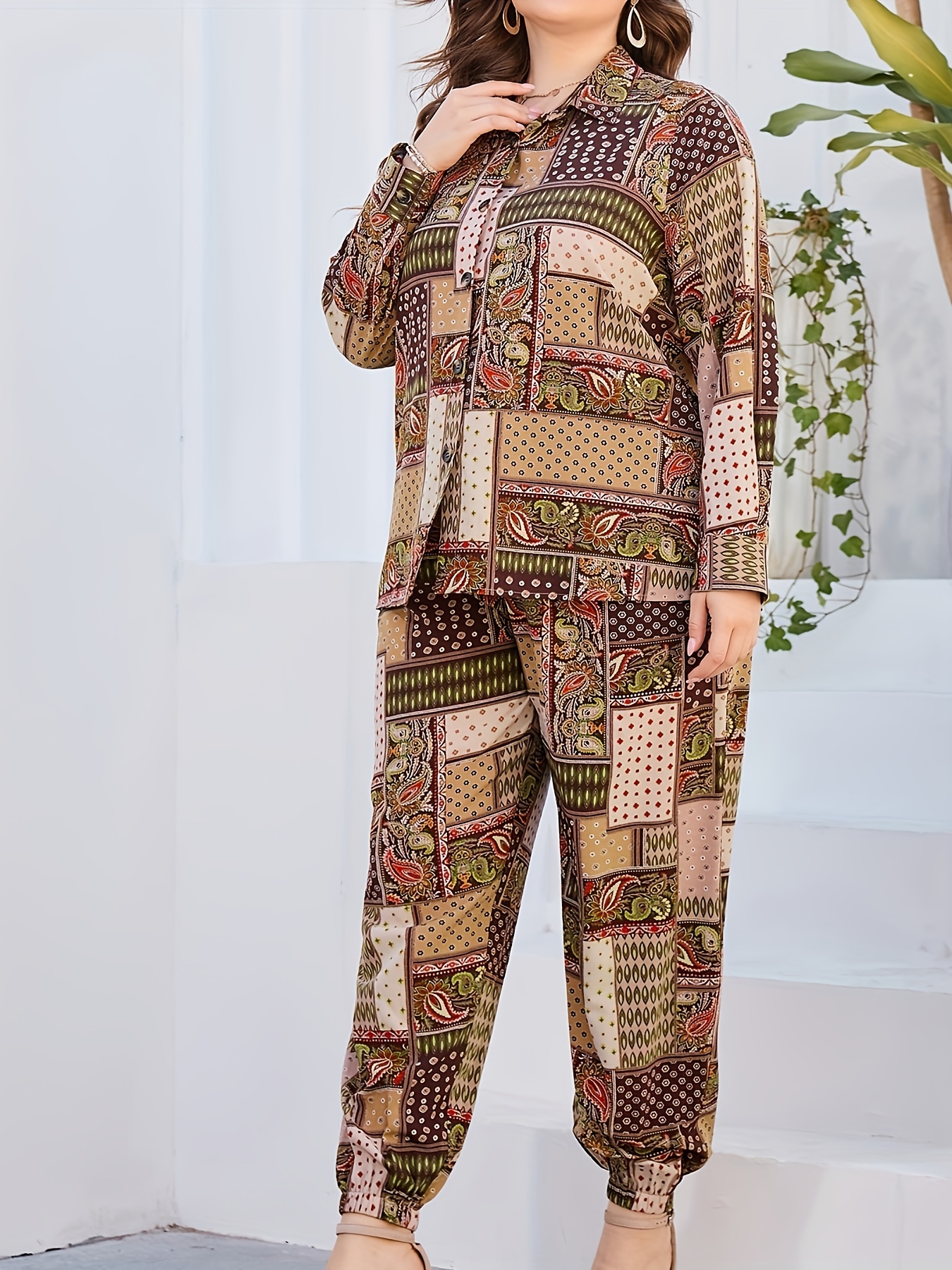Plus Size Boho Outfits Set Women's Plus Paisley Print Long - Temu