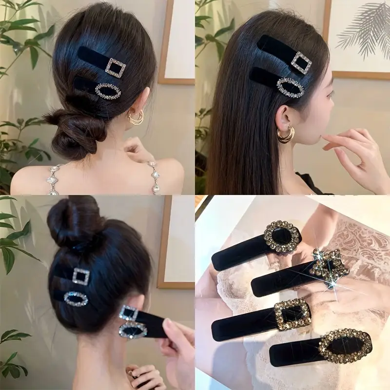 4 件优雅的天鹅绒按扣发夹豪华水钻装饰额头破发夹甜美侧刘海固定 BB 夹 详情 5