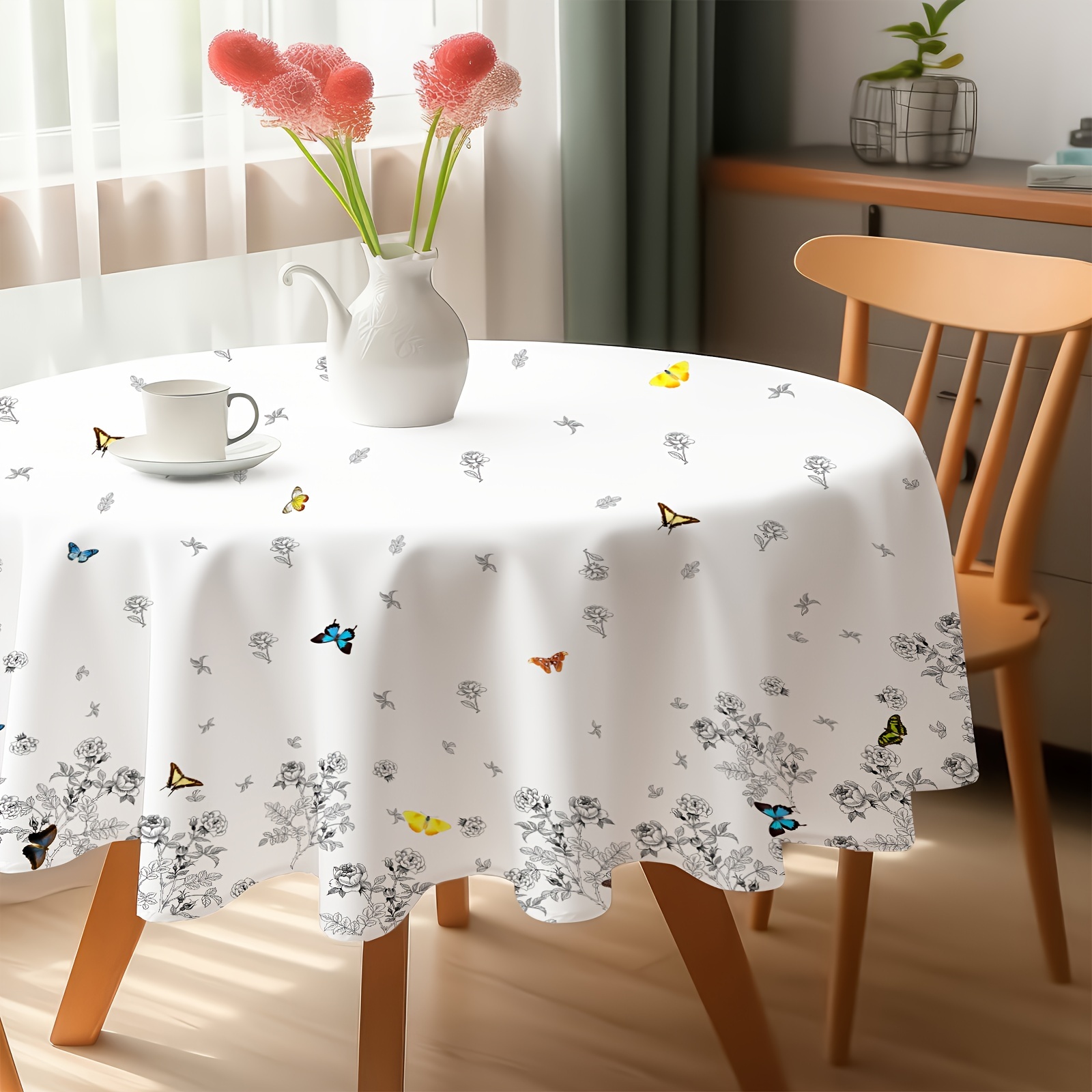 1pc Floral White Polyester Round Tablecloth | Machine Made, 140-150g/m², Printing , Ideal For Spring Summer, Farmhouse Rustic, For Room Decor, Suitable For Outdoor Indoor Parties And Dining
