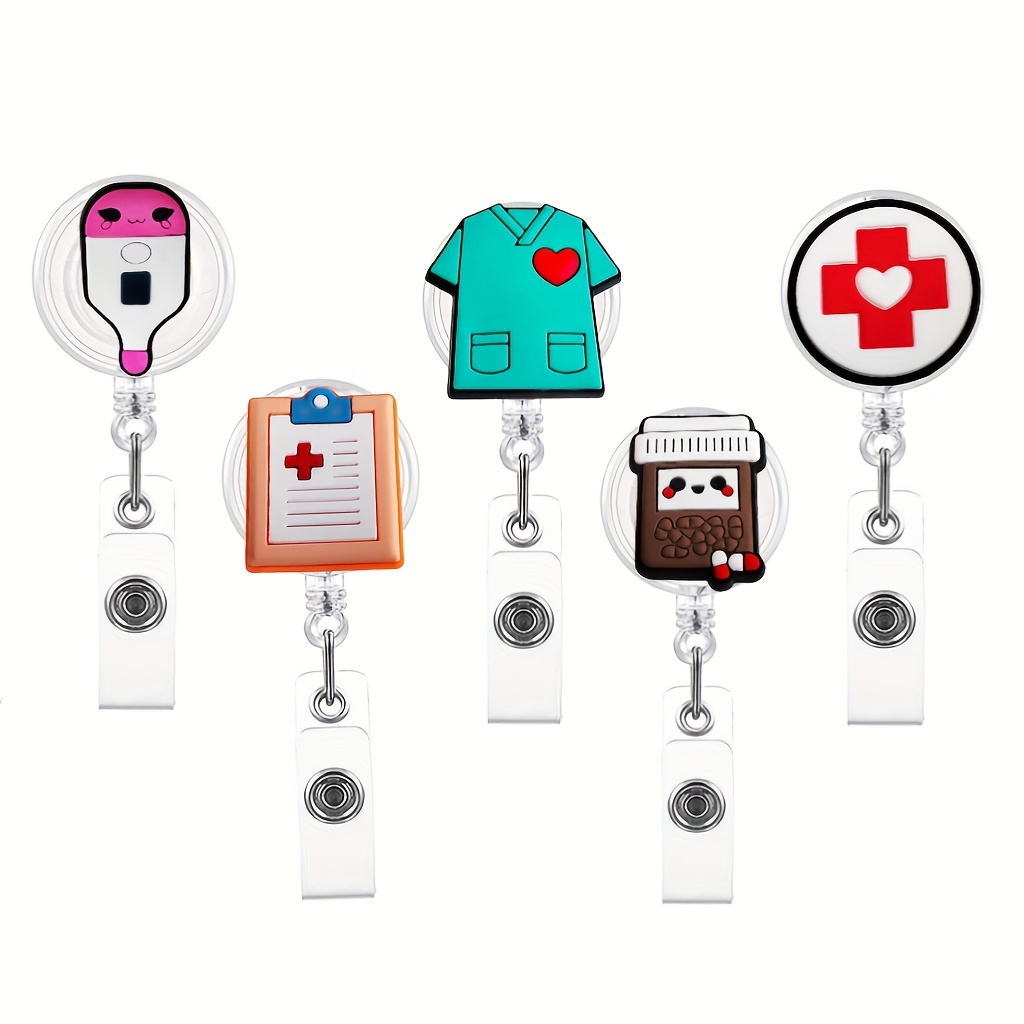 4/5pcs High Quality Silicone Retractable Hospital Nurse Badge Holder Reel Cute Cartoon ID Card Holder Keychains,Food,Cat,Home,Flower,Flowers,Bank