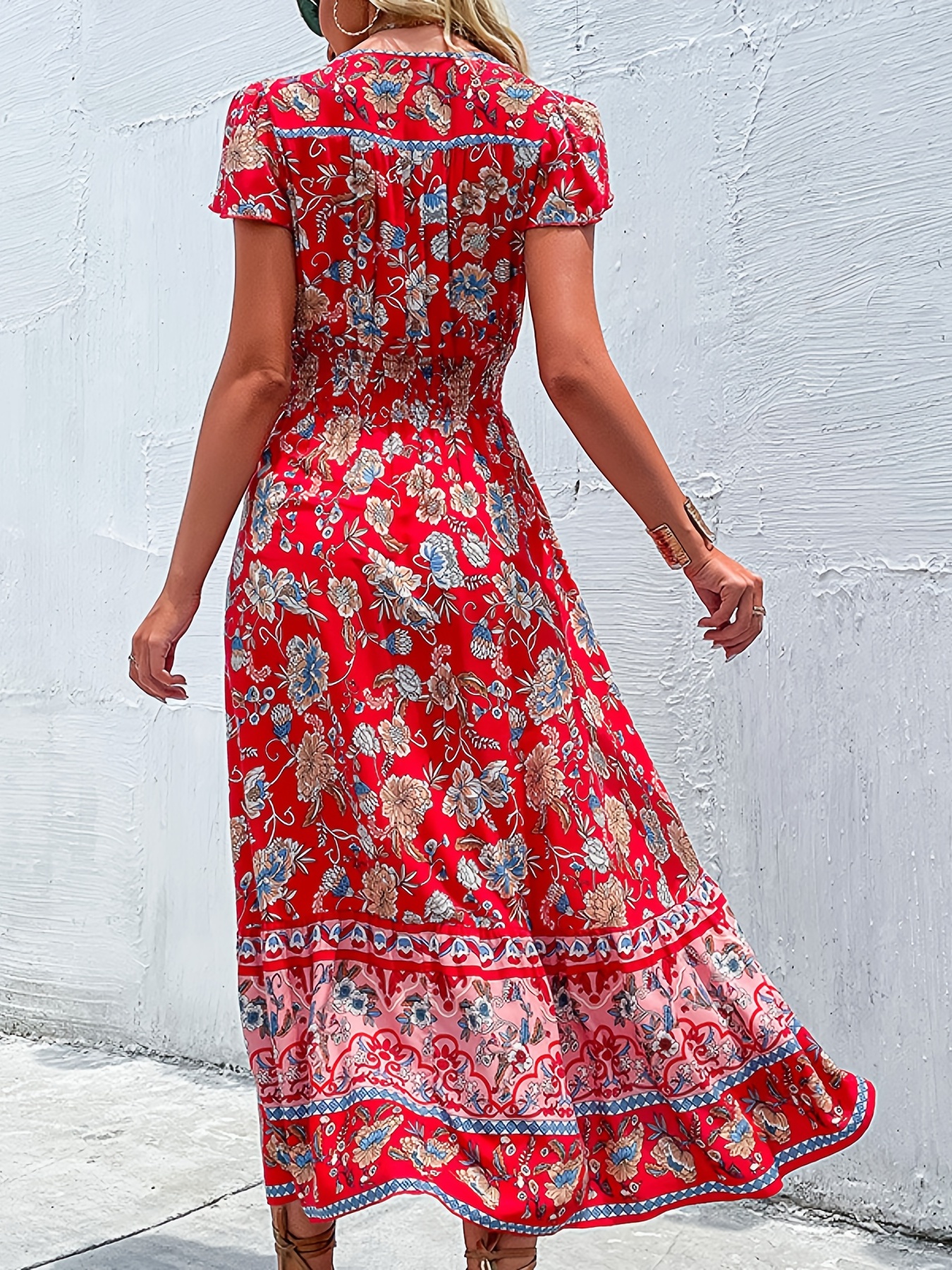 Vestido con estampado floral tribal vestido largo fruncido con dobladillo dividido y manga bohemia ropa de mujer