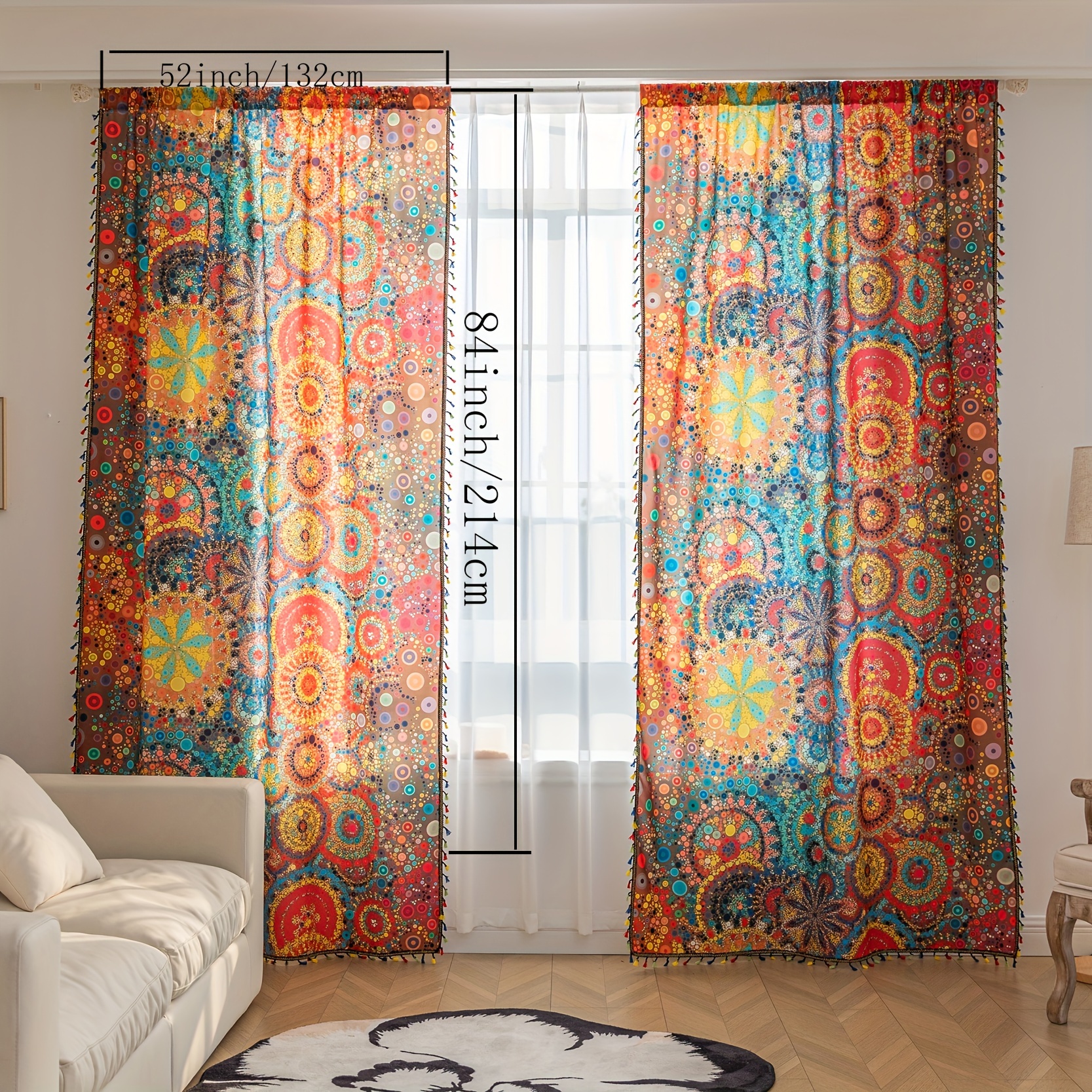 Image of 2pcs Bohemian Farmhouse Curtains Set - Colorful Polka With Tassels, Light Filtering Privacy Protection For Bedroom, Living Room, And More - Machine Washable Polyester, Bar, Game Room, Home Decor