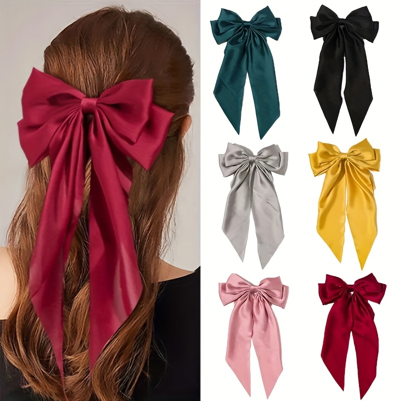 

8pcs Vintage Tow Hair Clips Satin Butterfly Knot Long Ribbon Headdress Solid Color Back Head Ponytail Decor Spring Clips Woman Hair Accessories
