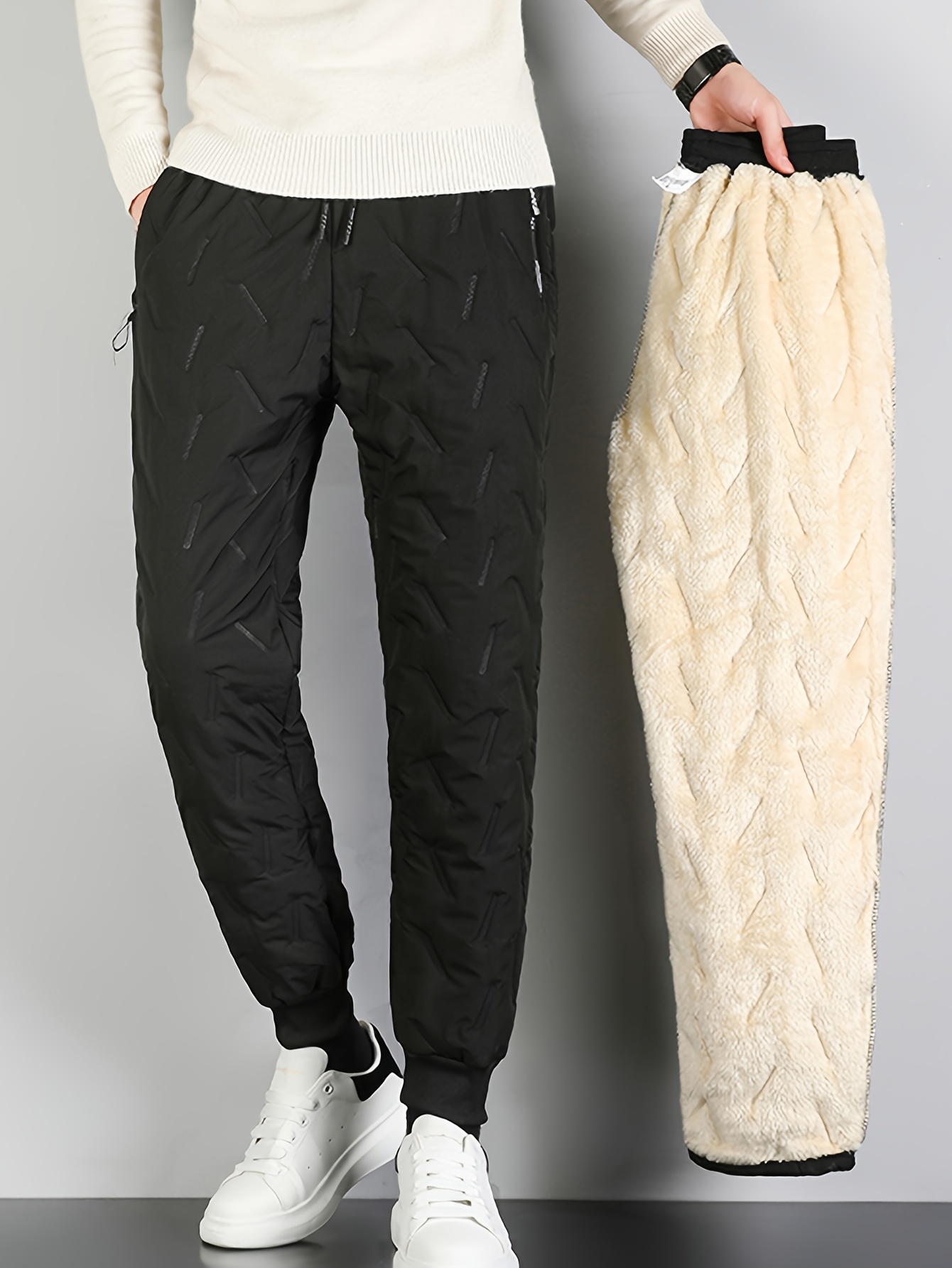 Solid Fleece Jogger Pants Casual Drawstring Waist Winter - Temu Canada