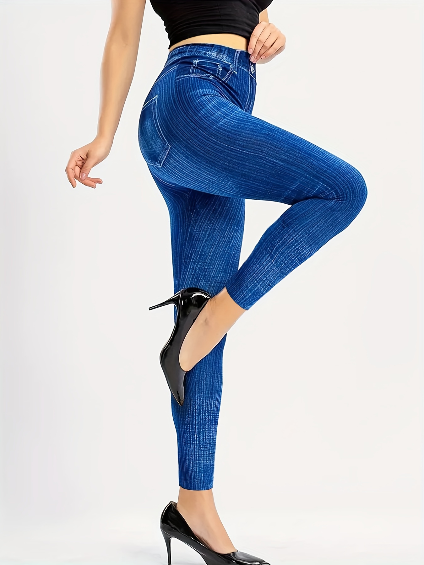 Imitation Denim Print High Waist Skinny Leggings Vintage - Temu