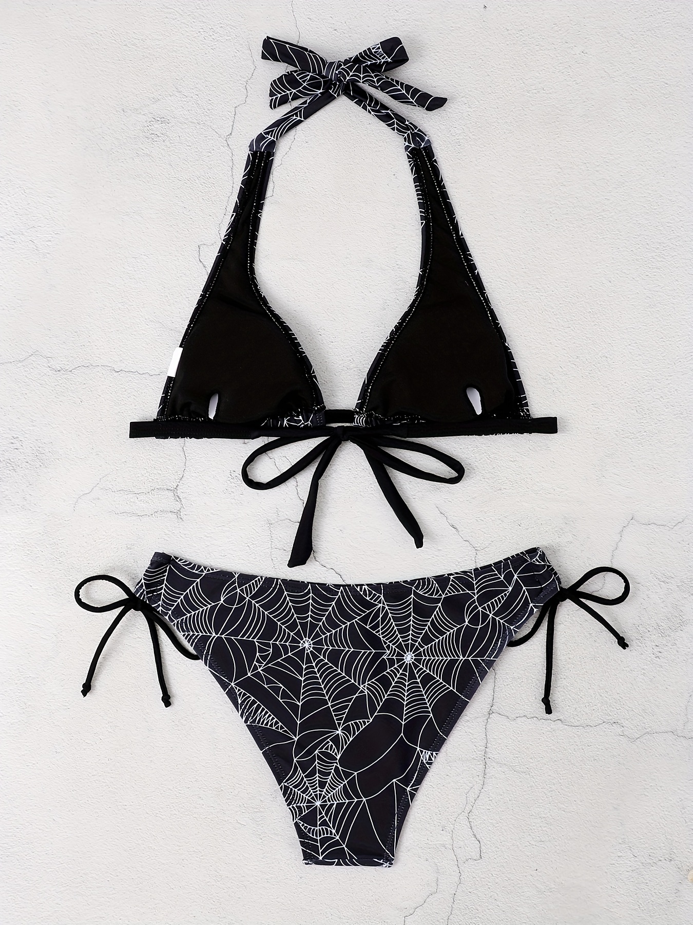 Halloween Spider Web Print Halter 2 Piece Set Bikini, Tie Side Stretchy  Black Gothic Style Swimsuits, Women's Swimwear & Clothing