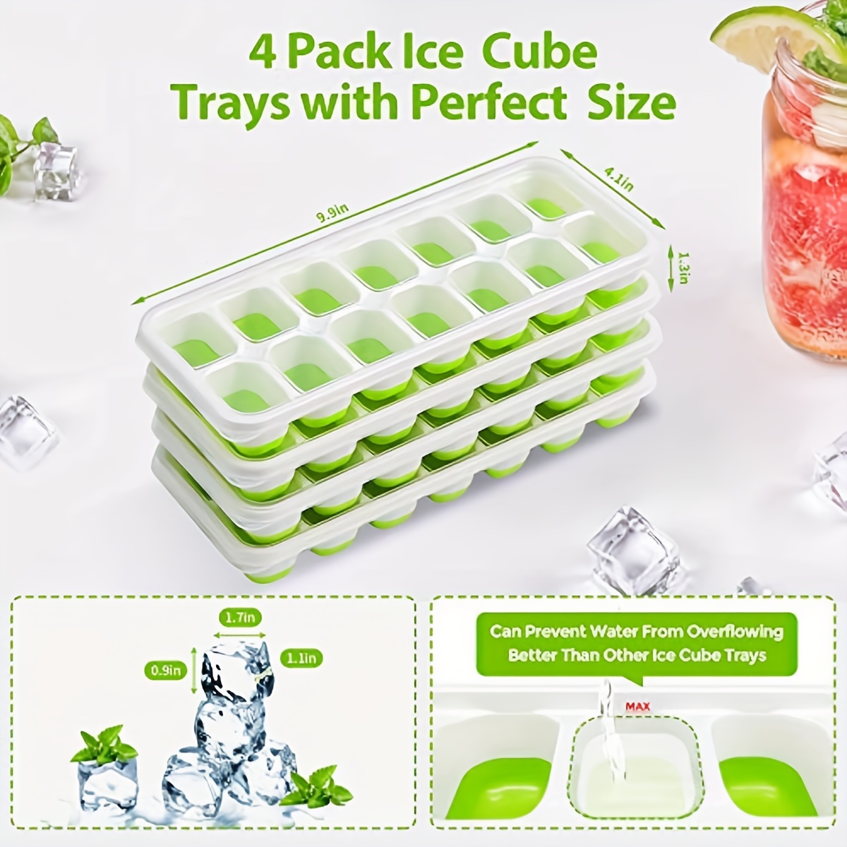 Ice Cube Trays 4 Pack, Reusable Silicone Ice Tray with Lid 14-Ice Cube Trays