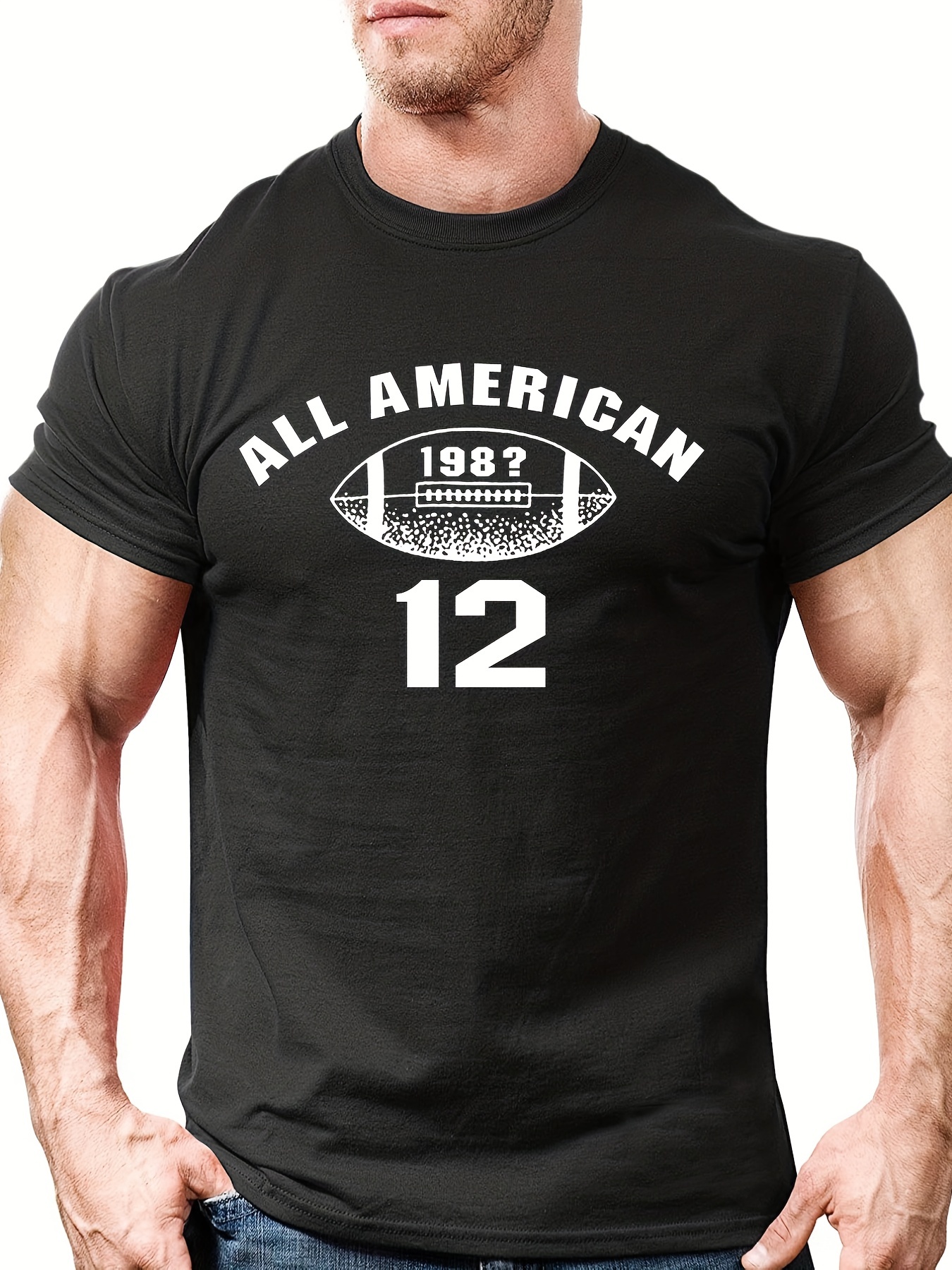 American Football Print T-shirt, Men's Casual Street Style Stretch Round  Neck Tee Shirt For Summer - Temu