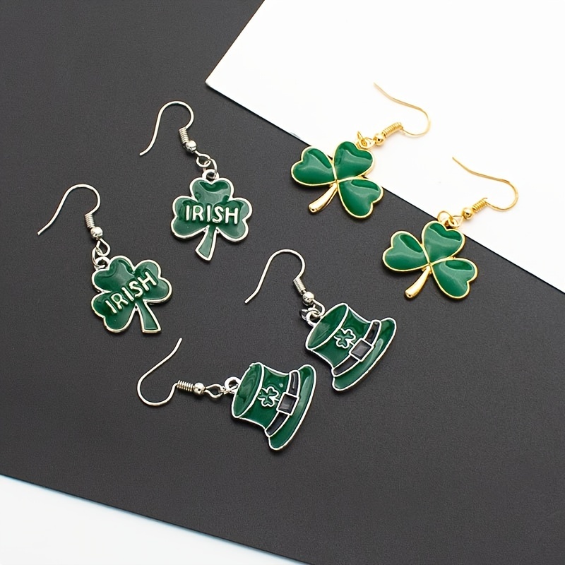 St. Patrick's Day Jewelry, Jewels Clover Hat Irish Letter Design Green Enamel Dangle Earrings Retro Ethnic Style Alloy Jewelry Daily Casual, Alloy