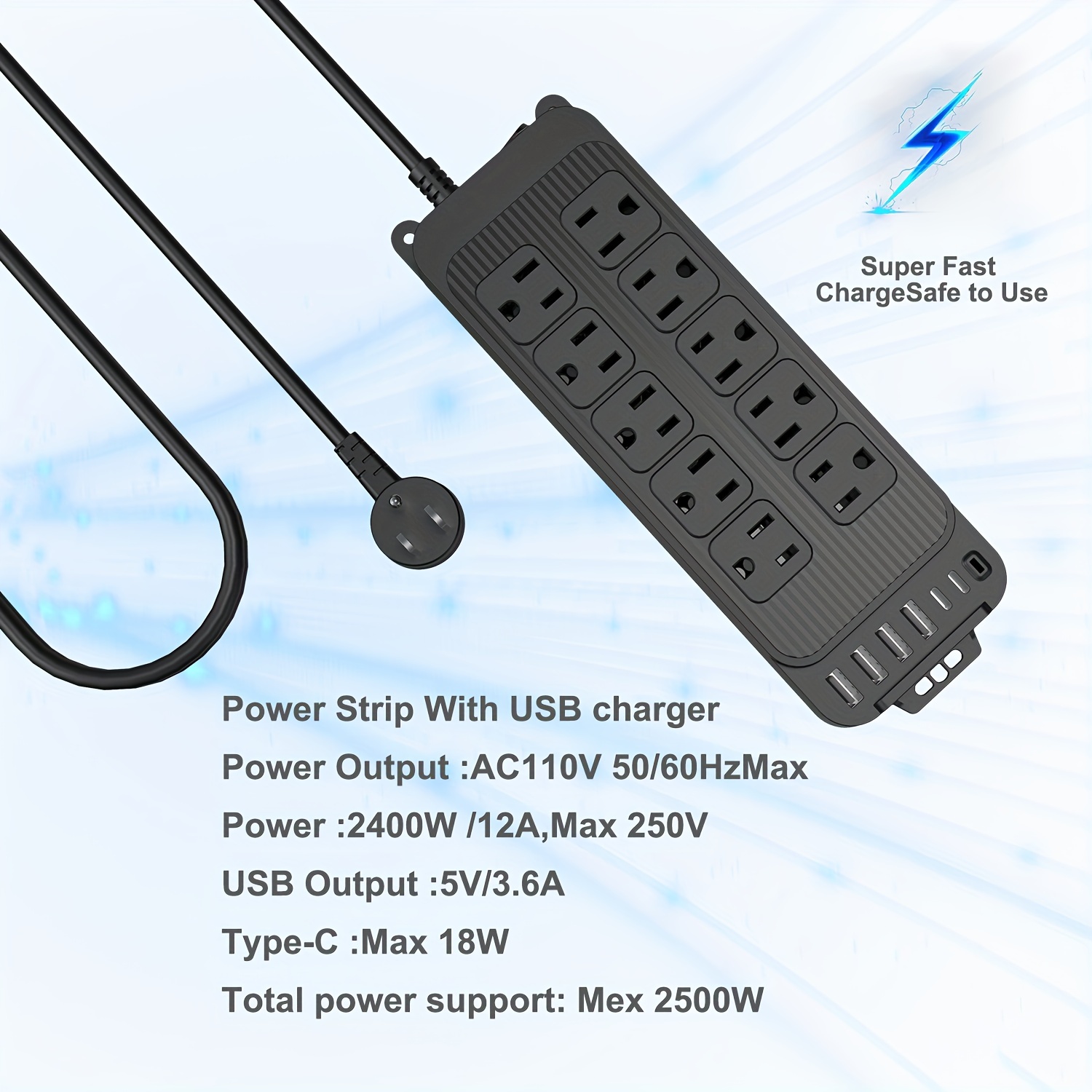 Regleta de alimentación, cable bototek con protector de sobretensiones de 6  pies, 12 salidas y 4 puertos USB (1 USB-C, 3 USB-A), cable de extensión PD