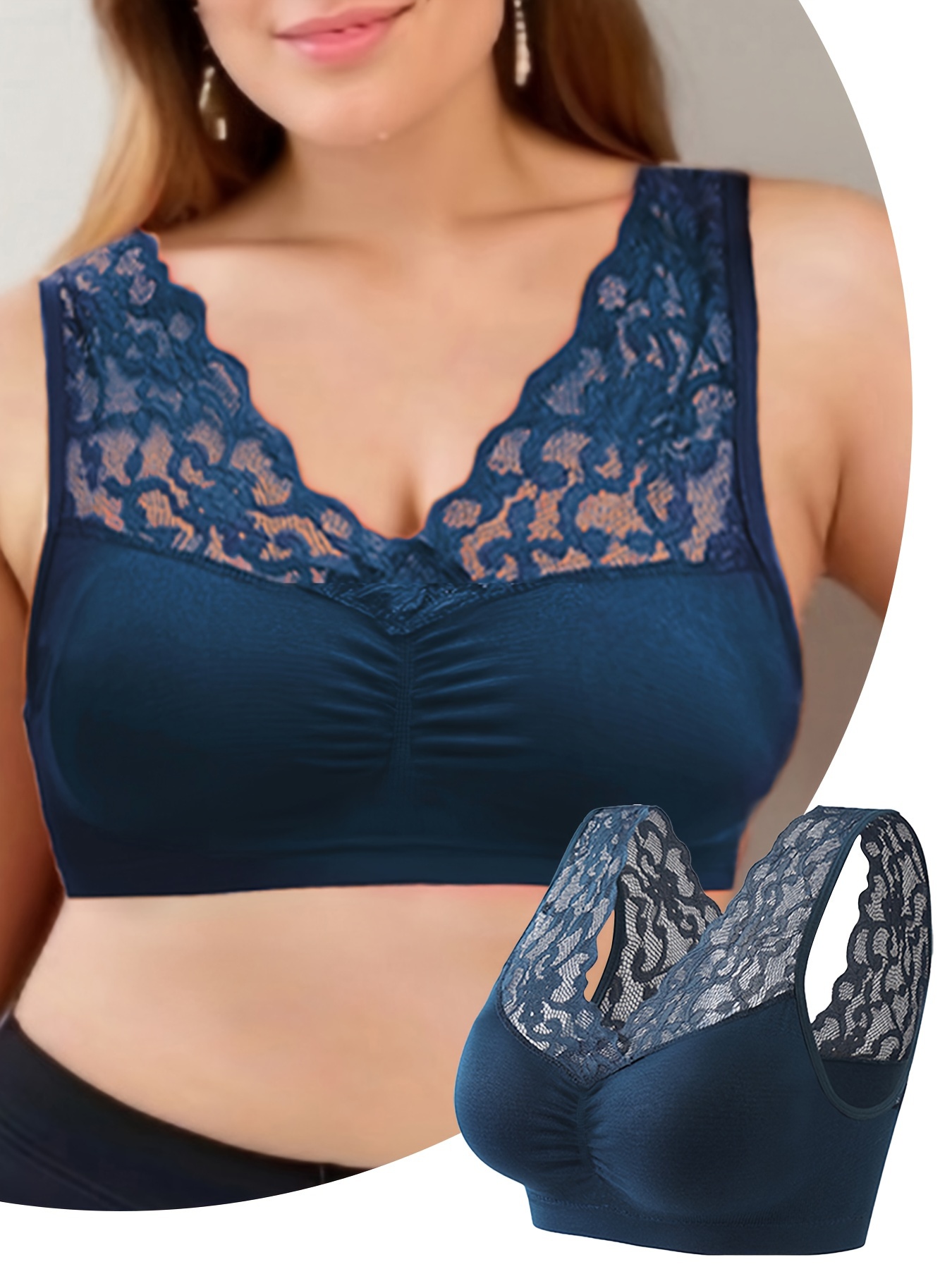 Plus Size Bras for Women Wire-Free Push-Up Yoga Bra Lace Dark Blue