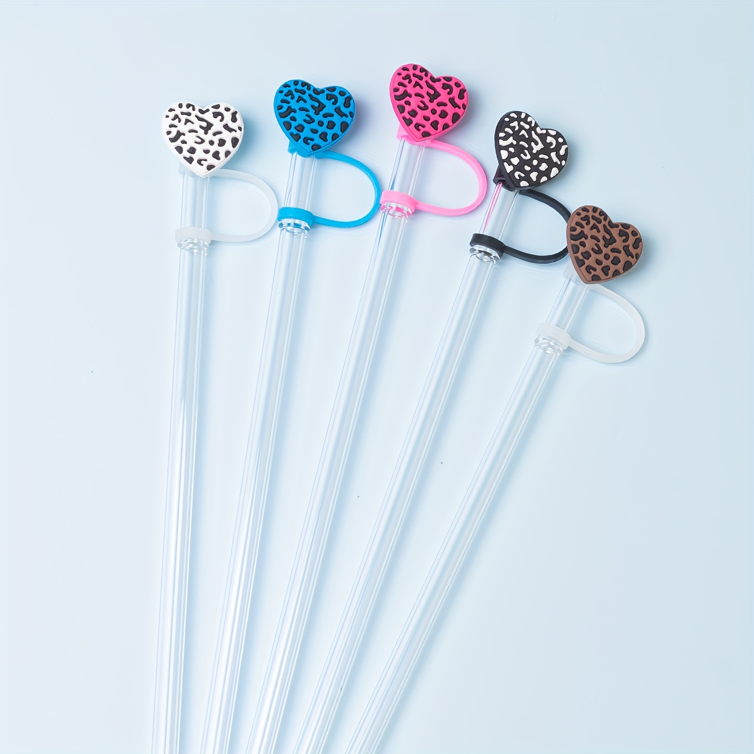 5pcs Straw Tips Cover Reusable Heart Shaped Straw Toppers With 2