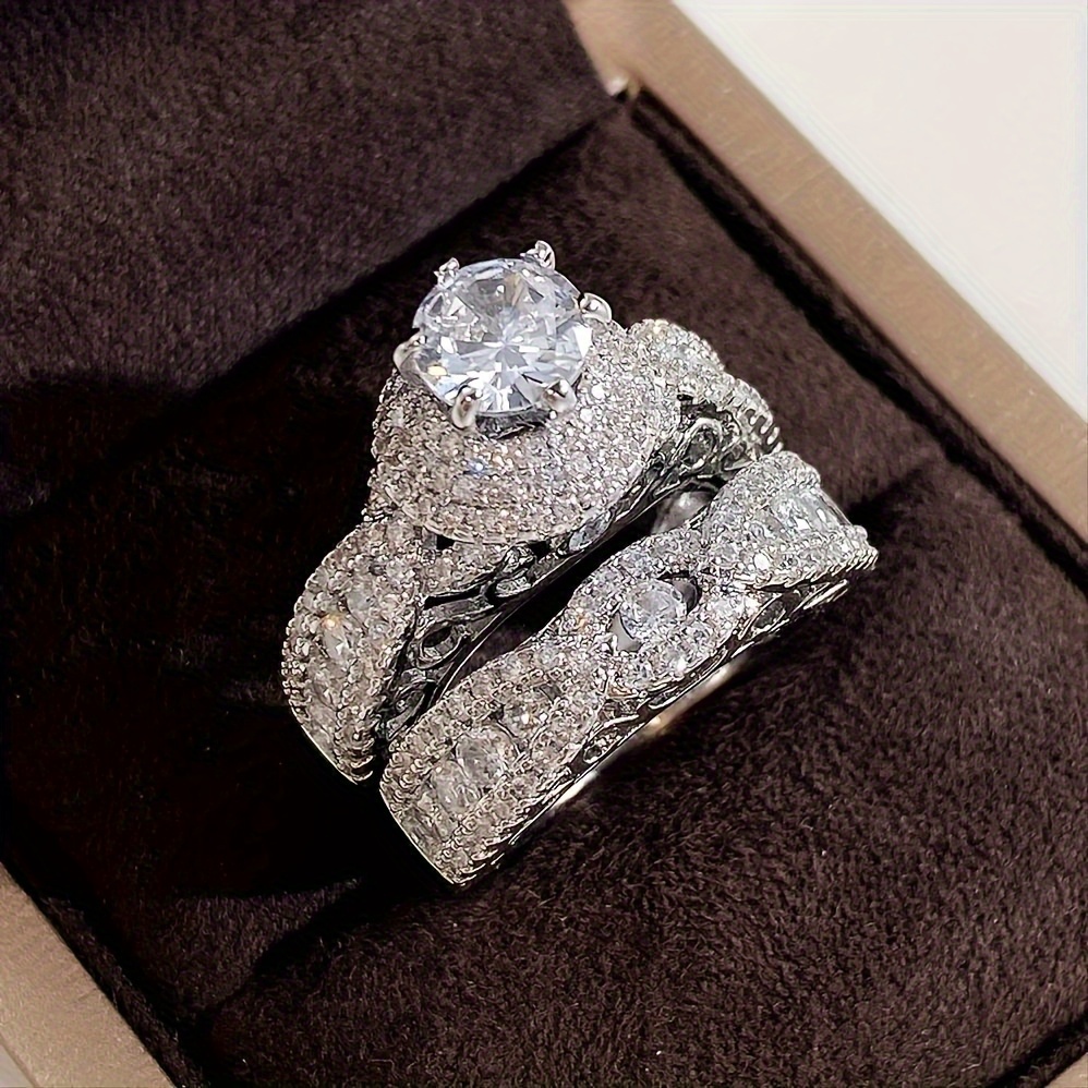 2pcs Micro Pave Zirconia Engagement Rings Set April Birthstone