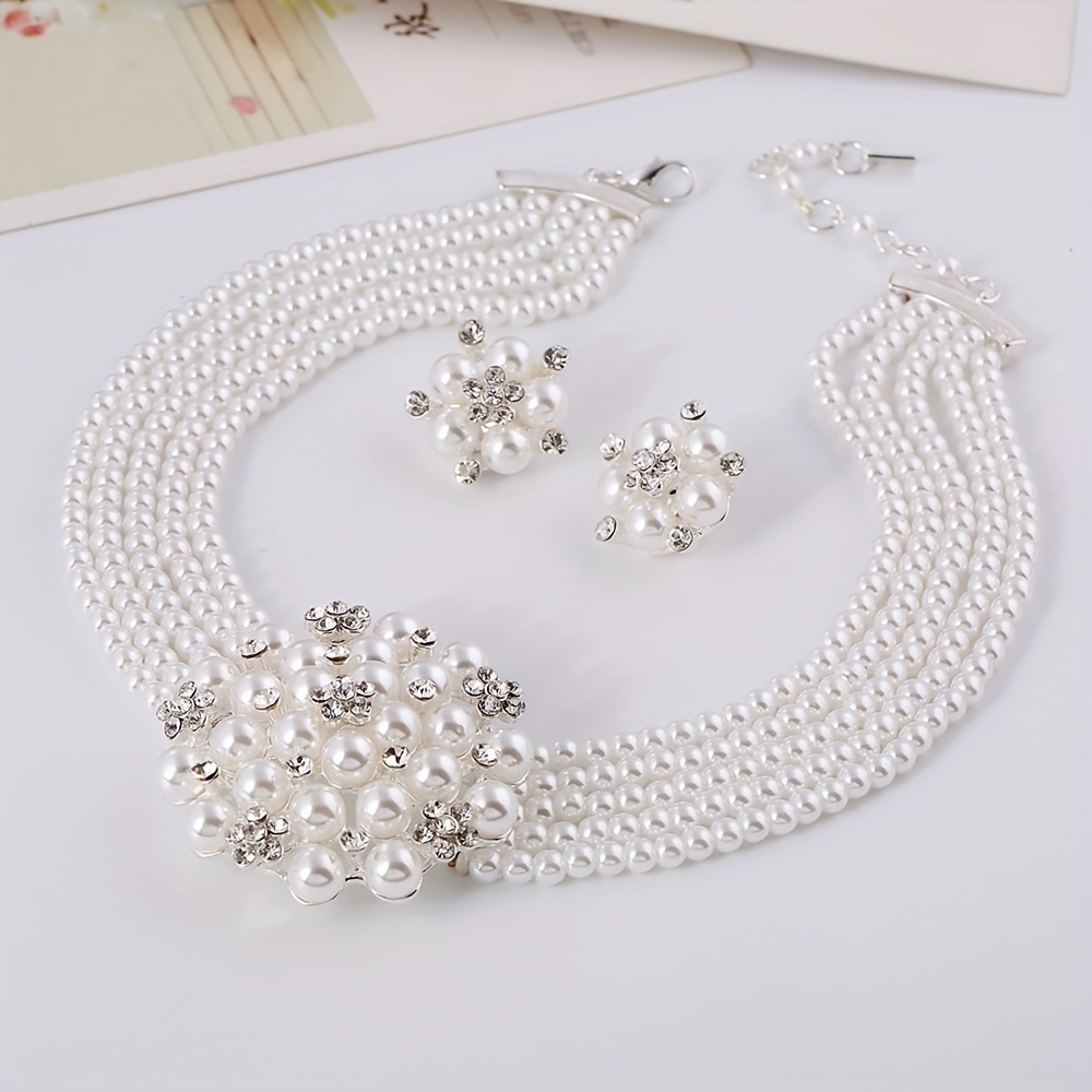luxury style faux pearl necklace earrings bridal accessories set silver plated accessories