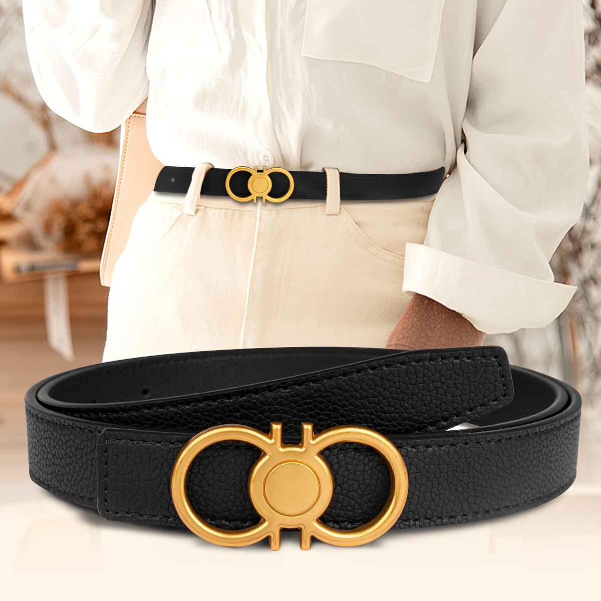 Stylish Golden Metal Buckle Belt Women's Black Lychee Pattern Faux Leather  Waistband Casual Versatile Pants Skirt Thin Belt