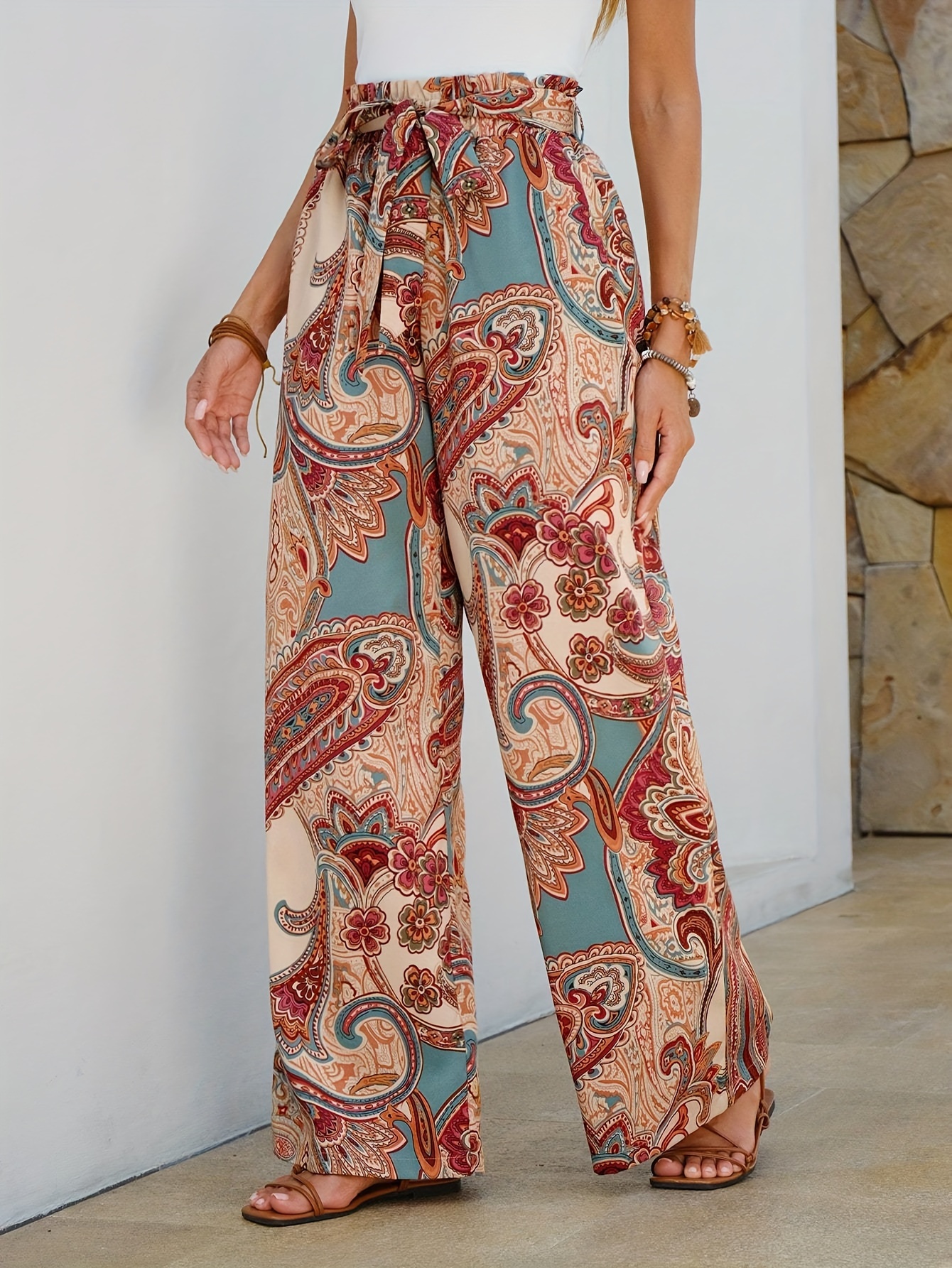 Tall Paisley Belted Wide Leg Pants