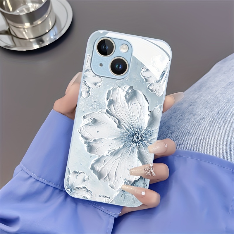 

Creative Oil Painting Pearl Flower Pattern Phone Case Suitable For 15, 14, 13, 12, 11 X/xs Xr Xs Pro Max Plus Far Blue Metallic Silicone Glass Straight Edge New Protective Case