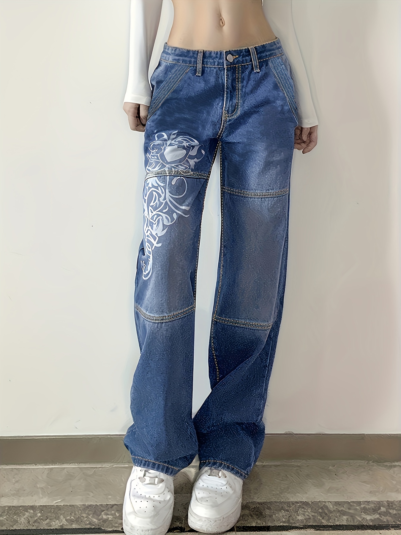Blue Rhinestone Studded Straight Jeans, Loose Fit Slant Pockets Chic Denim  Pants, Women's Denim Jeans & Clothing - perfect for Carnaval Music Festival