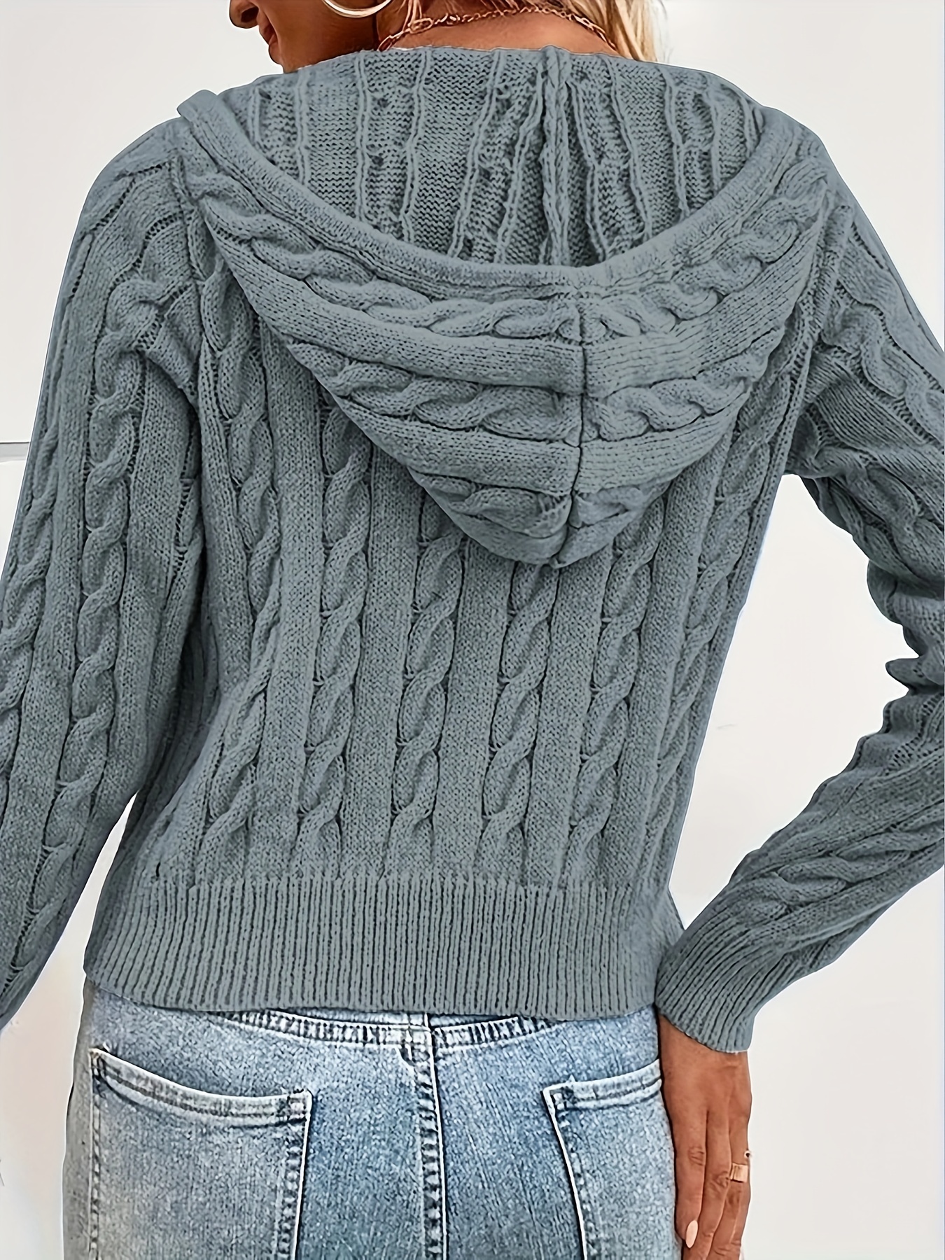 Solid Zip Up Cable Knit Cardigan, Casual Long Sleeve Drawstring Hooded  Sweater, Women's Clothing
