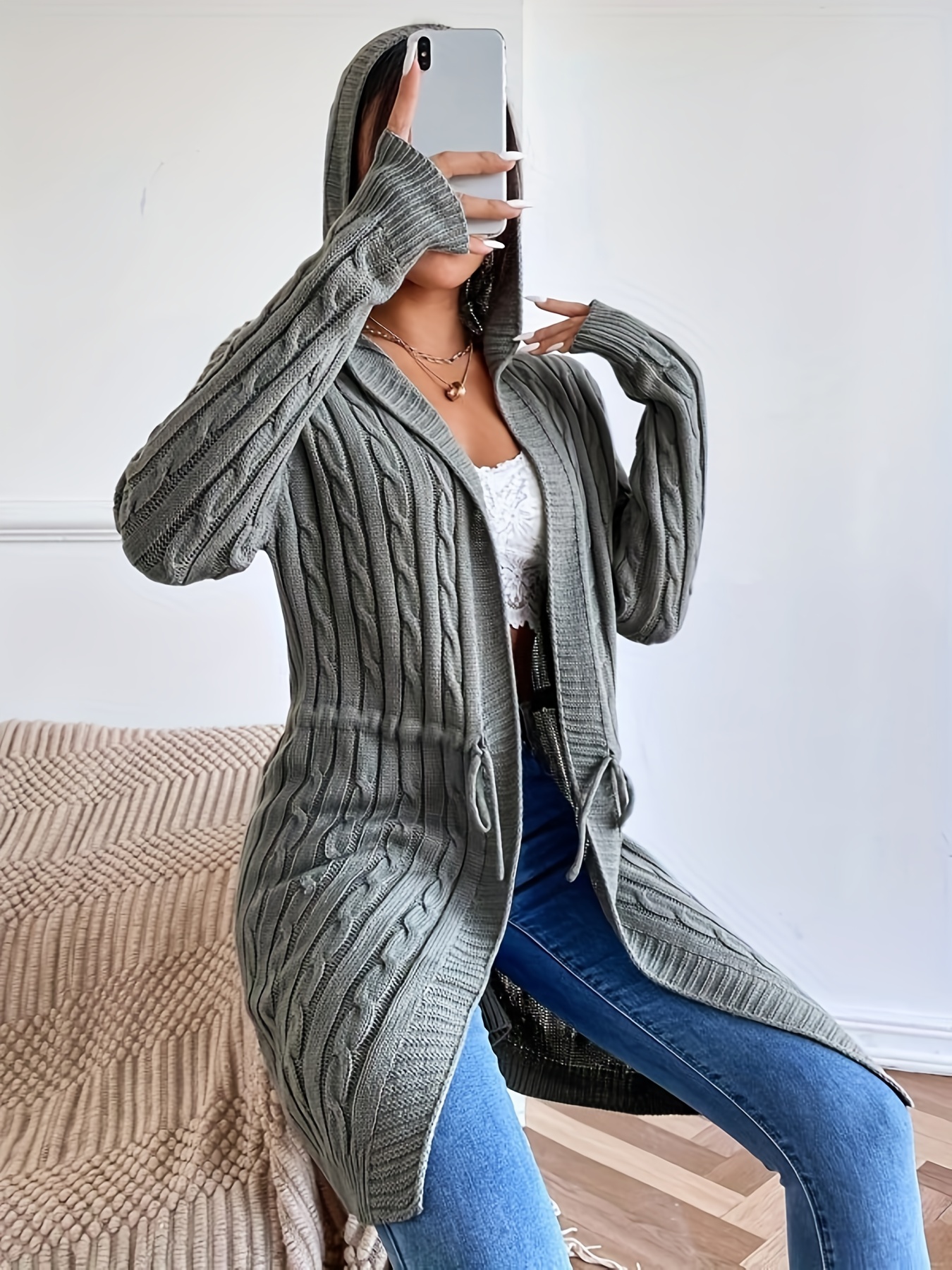 Drawstring waist hooded discount cardigan