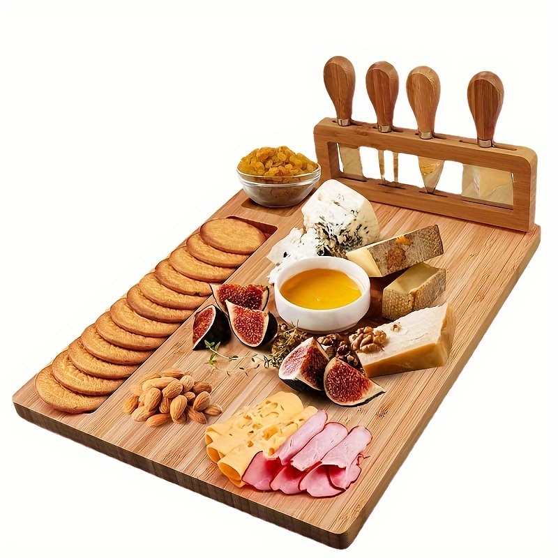 Tabla de quesos de 1 pieza, bandeja para servir con 4 cuchillos de acero  inoxidable para cubiertos, tabla de delicatessen de madera maciza (14'x11')