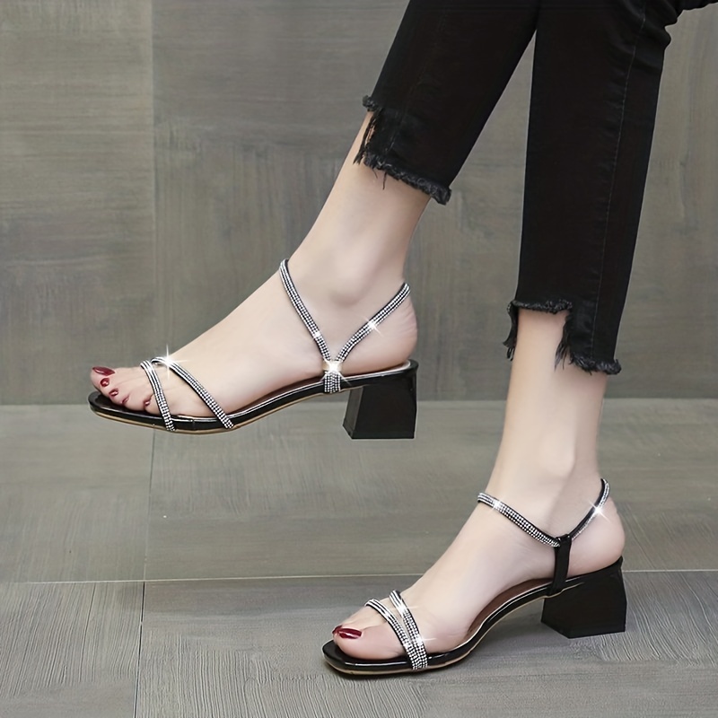 Women's Rhinestone High Heels Sandals, Fashion Square Open Toe Clear Block  Heels, Versatile Dress Sandals - Temu