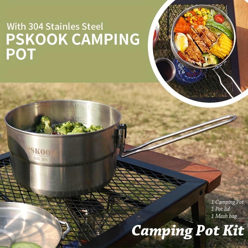 Camping Cookware Set 304 Stainless Steel 8-Piece Pots & Pans Open Fire Cooking Kit | Frying Pan Steamer with Travel Tote Bag | Compact for Outdoors