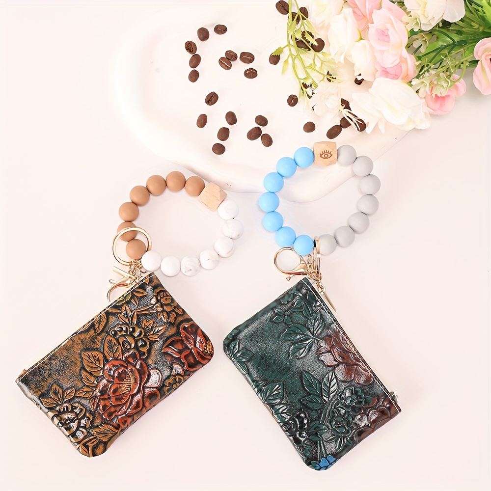 

Retro Silicone Beaded Bracelet Keychain With Floral Pu Leather Wallet Coin Purse Card Holder Bag Charm Phone Lanyard Women Gift