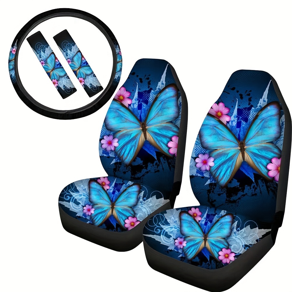 Horeset Watercolor Butterfly Design Car Seat Covers Full Set Includes 15inch Steering Wheel Cover & Center Console Armrest Cover & Automobile Safety
