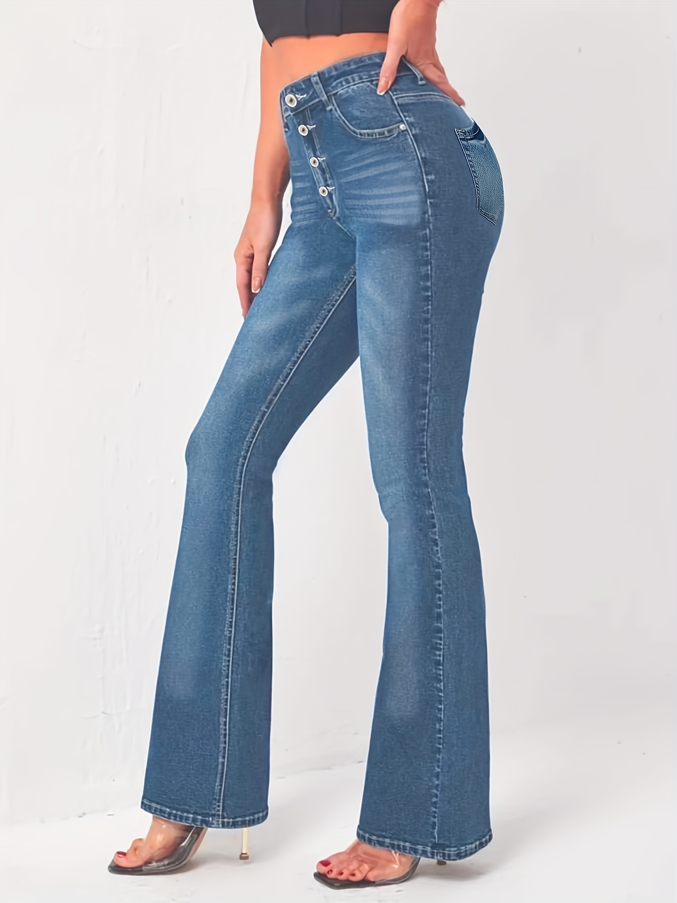 Jeans Acampanados Azules De Cintura Alta, Jeans Acampanados De Estiramiento  Medio Con Botones De Un Solo Pecho, Jeans Y Ropa De Mezclilla Para Mujer