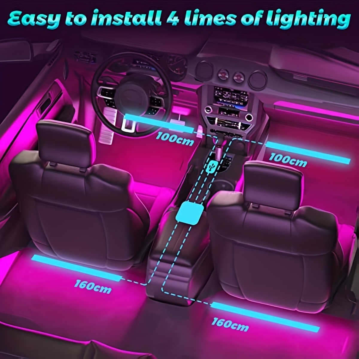 48RGB Auto-LED-Leuchten, Autozubehör, APP-Steuerung Im Autolicht Mit  USB-Anschluss, Musik-Sync-Farbwechsellichter Für Den Innenraum Von Autos