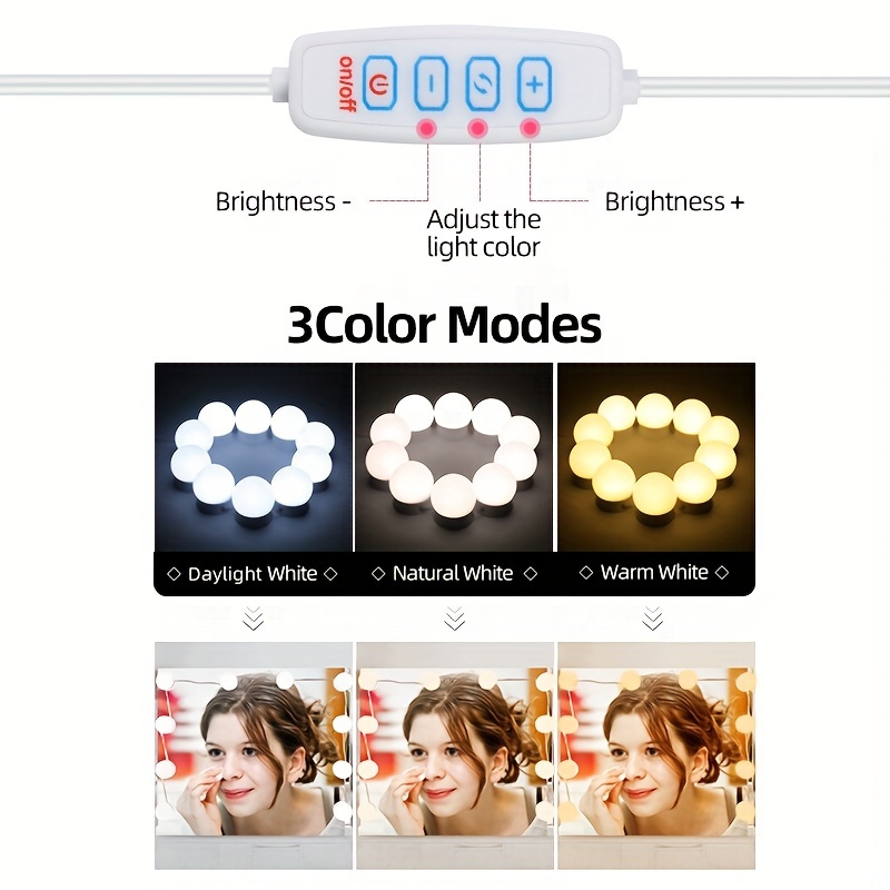 Anpro Luces LED Kit de Espejo con 10 Bombillas regulables,3 Modos Ajustable  de Color de Luz,Luz Espejo Maquillaje,Tocador,Espejo,Baño,Regalo para