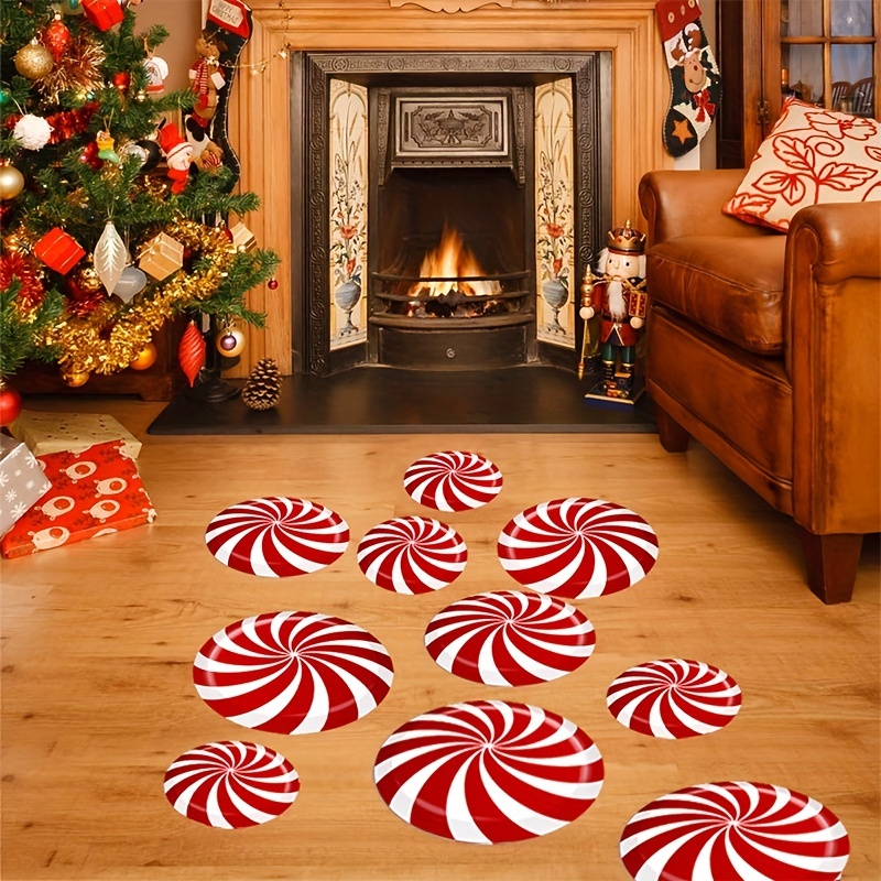 

12pcs Christmas New Creative Candy Sticker Diy Self Adhesive Circular Holiday Decoration Cartoon Floor Sticker Wall Decal