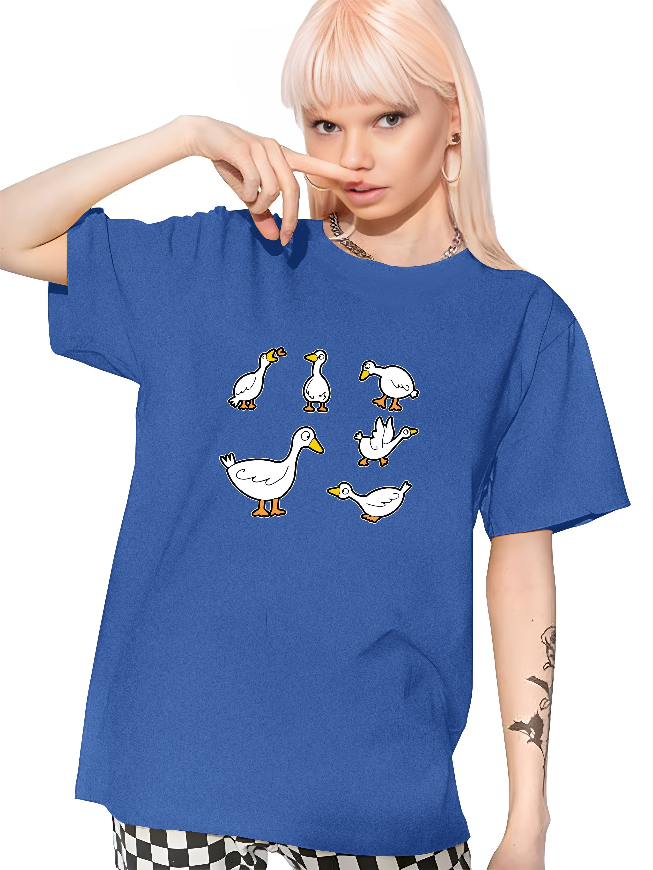 Cartoon Duck Pattern Casual T-shirt, Short Sleeves Round Neck Cute Sporty  Top, Women's Activewear - Temu