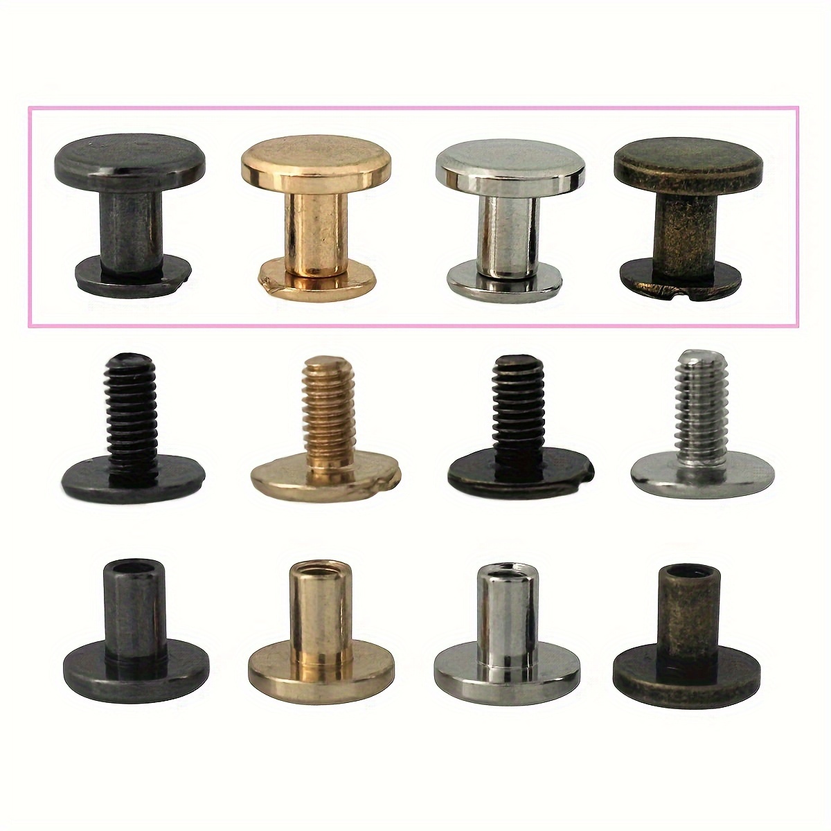 Guoxin 200 Sets Chicago Screws Round Flat Head Metal Nail Studs Rivets  Screwback Spots Belt Buckle Screws Buttons for DIY Leather Crafting with  Box